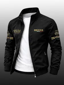 Men's Mexico Flag Print Lapel Sport Jacket, Durable Casual Zipper Outerwear, Business Style Outdoor Coat, Slim Fit, Perfect Gift