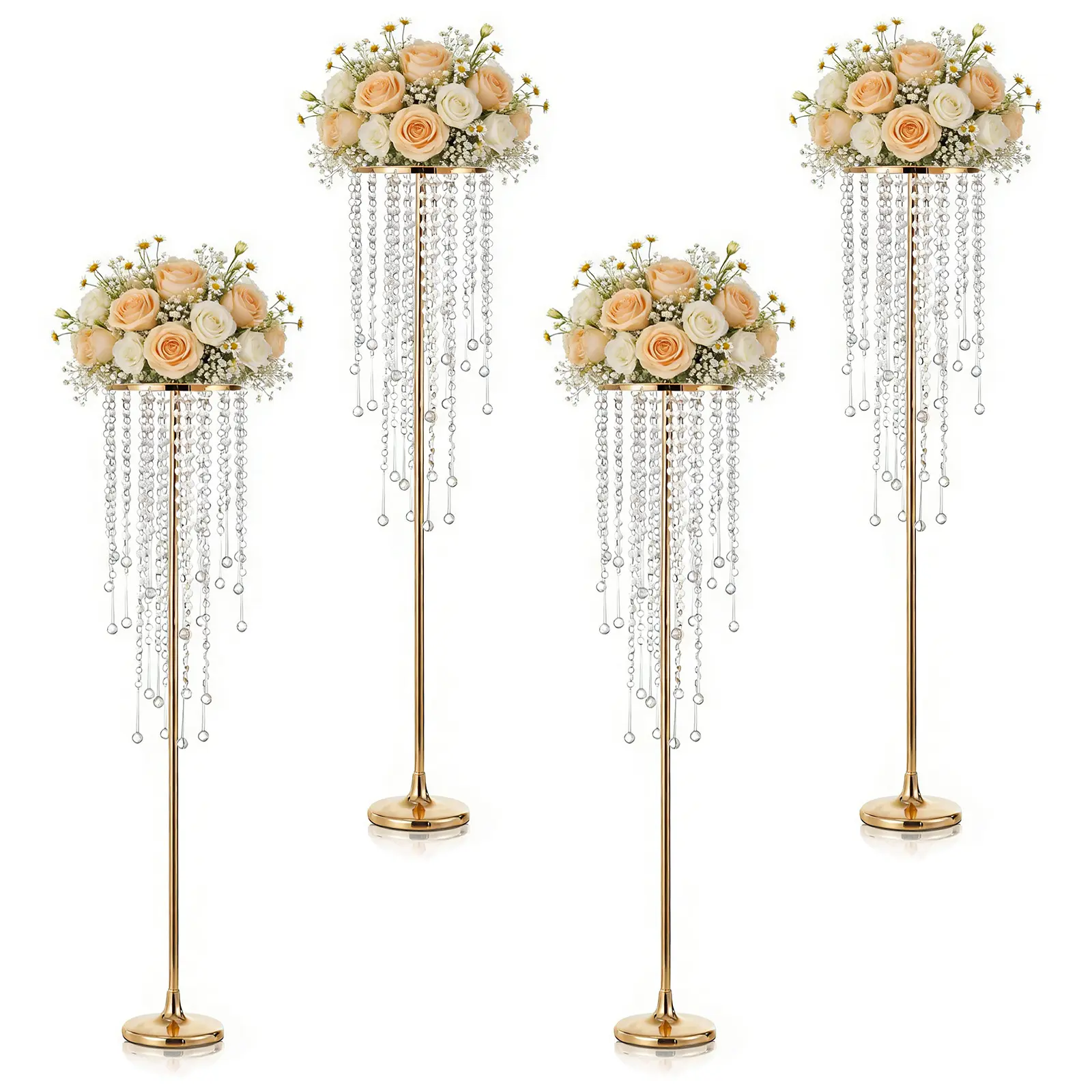 Tall Wedding Table Centerpiece Stand with Crystal Chains, Elegant Metal Flower Vase