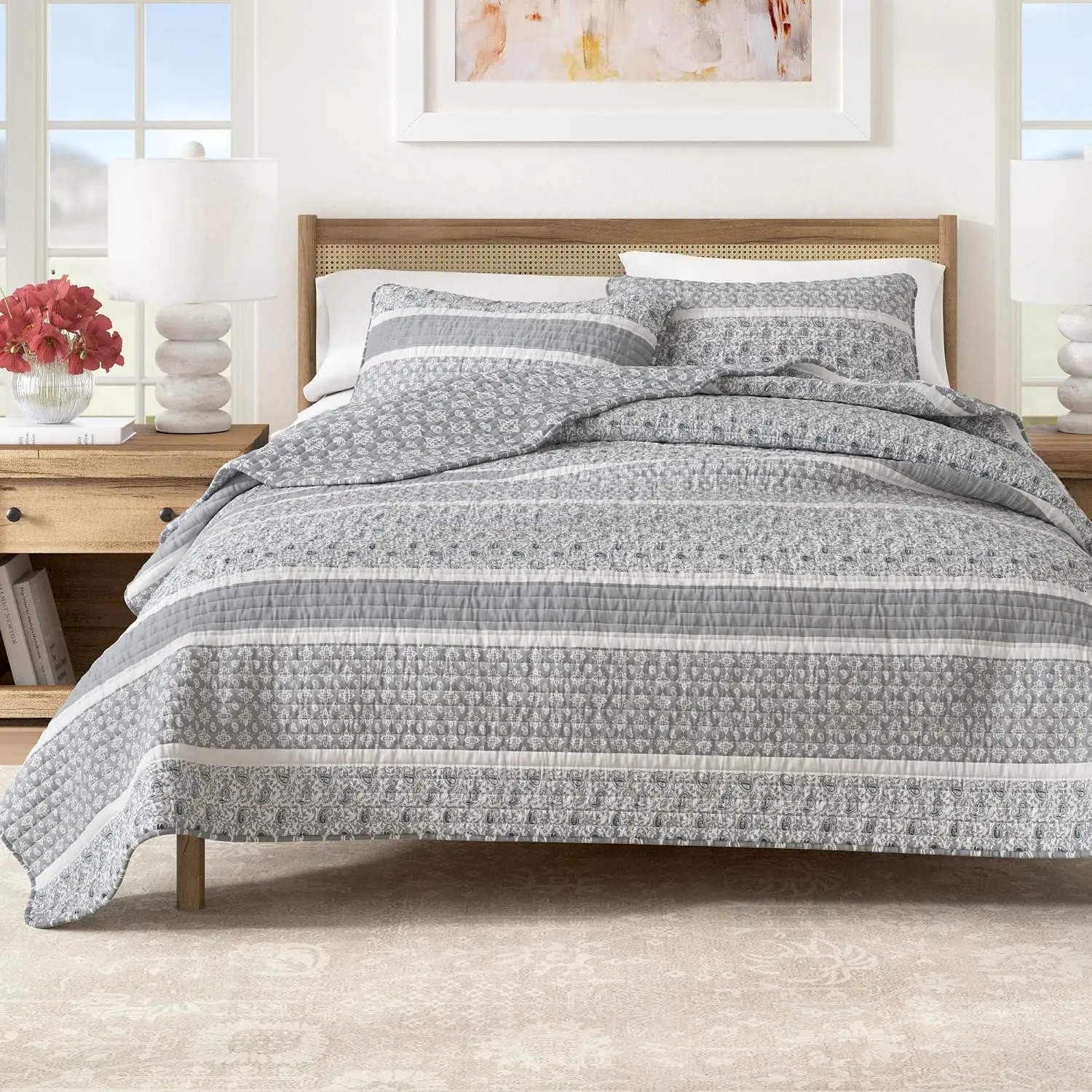 Striped Quilt Set - 2- / XL Size Paisley Bedding Set - Lightweight, -, Reversible Bedspread (Grey)
