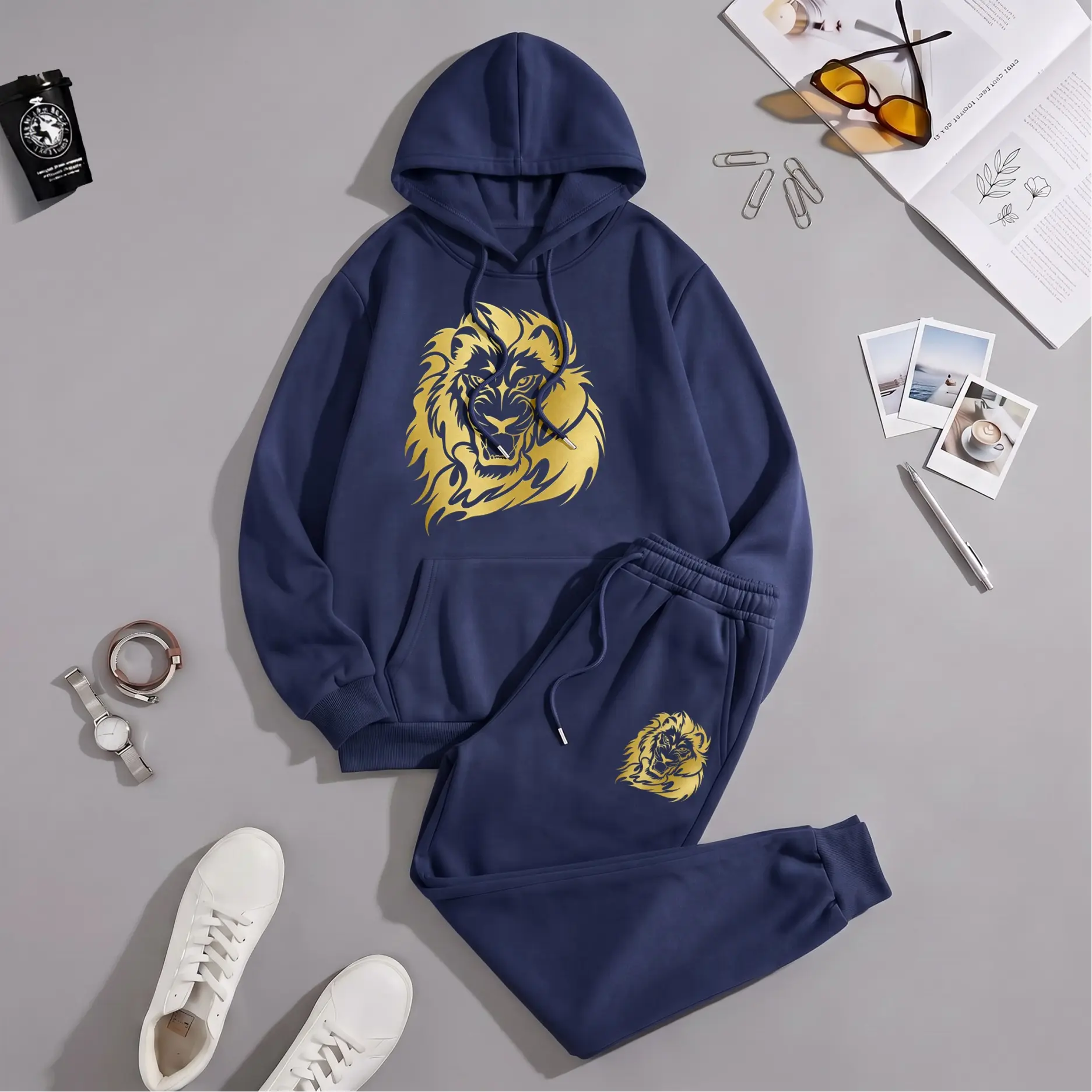 Men's Tracksuit Set, Casual Lion Graphic Print Pullover Hoodie and Loose Polyester Jogger Pants for Streetwear, Daily Wear, Minimalist