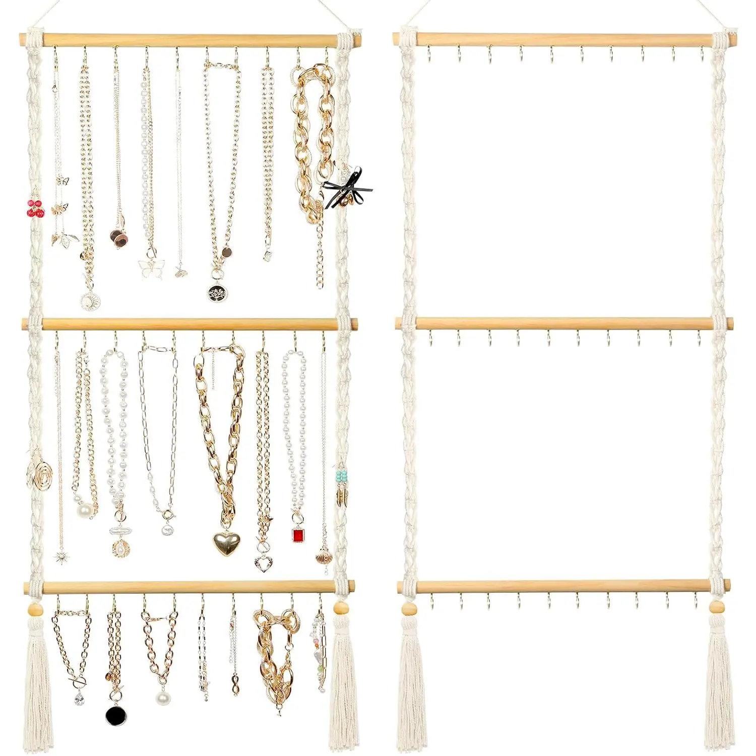 Hanging Jewelry Organizer Macrame Necklace Holder with 30 Hooks, Over Door Necklace Rack, Wall Mounted Boho Tassel Jewelry Hanger for Necklace Headband Bow Earring Bracelet
