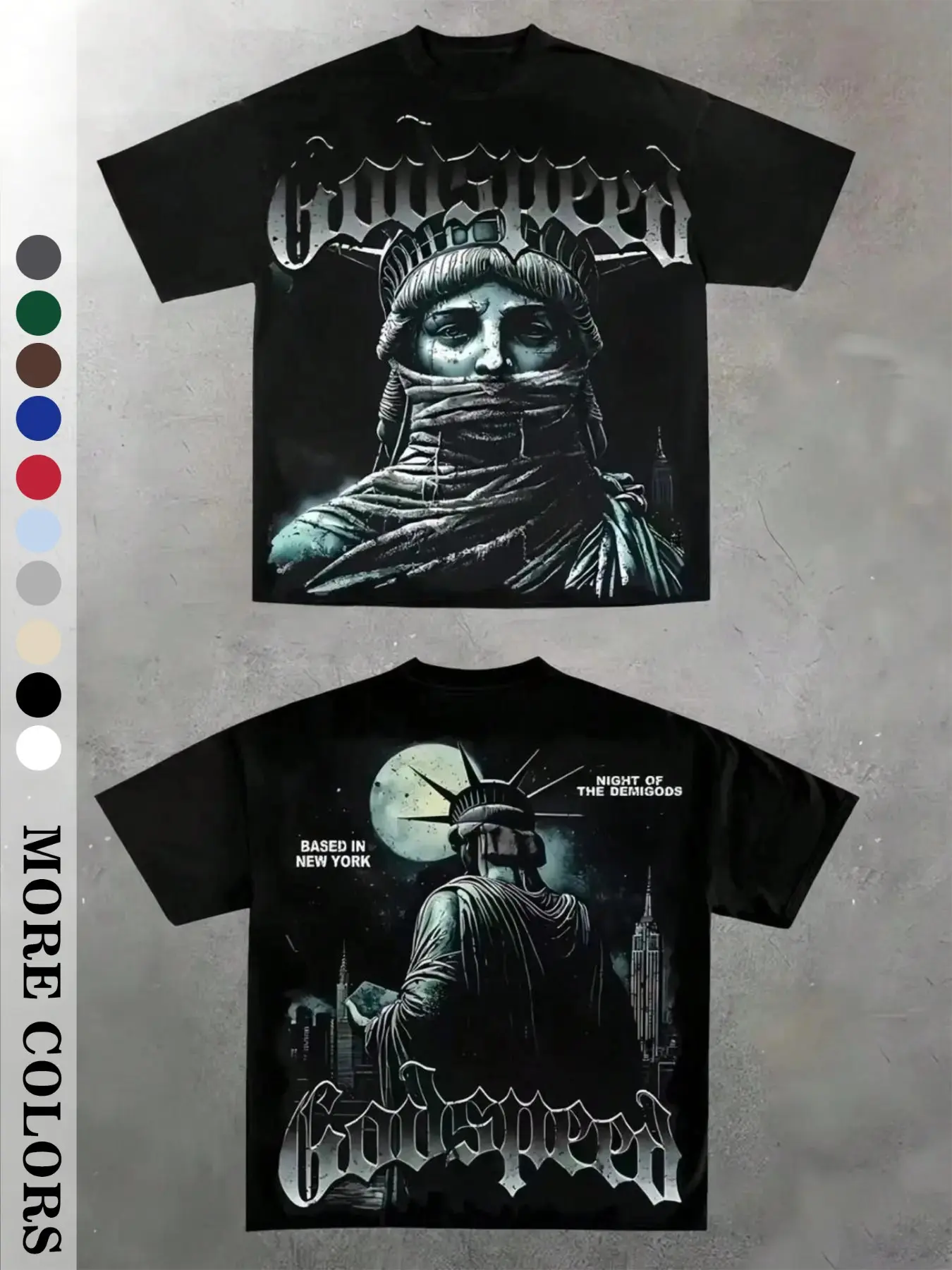 Men's Vintage Masked Statue of Liberty Print T-Shirt, Godspeed Gothic Letter, Casual Fitted Long Sleeve, Plain Surface Graphic Design Aesthetic, Streetwear Tops