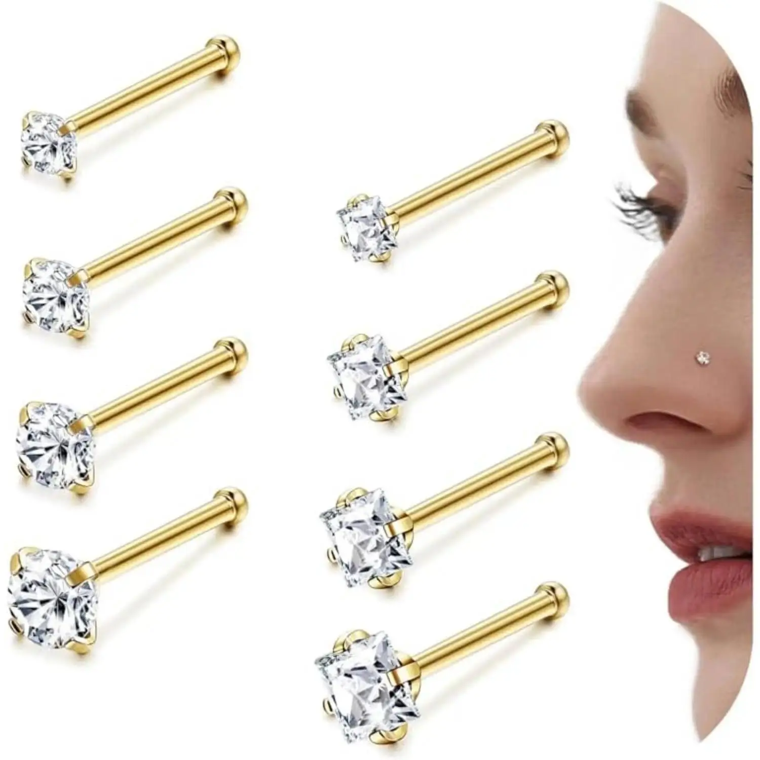 Women's 8Pcs 18G Surgical Stainless Steel CZ Nose Rings Studs, Hypoallergenic Labret Piercing Jewelry, Dainty Body Jewelry with 1.5/2/2.5/3mm Cubic Zirconia  DealsForYouDays