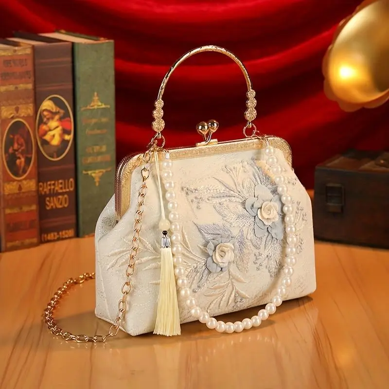[Vintage Evening Mini Clutch] Vintage Chic Purse with Embroidery, Floral Lace Fabric, Detachable Shoulder Strap, Pearl Accents, Golden-Tone Hardware for Parties, Banquets