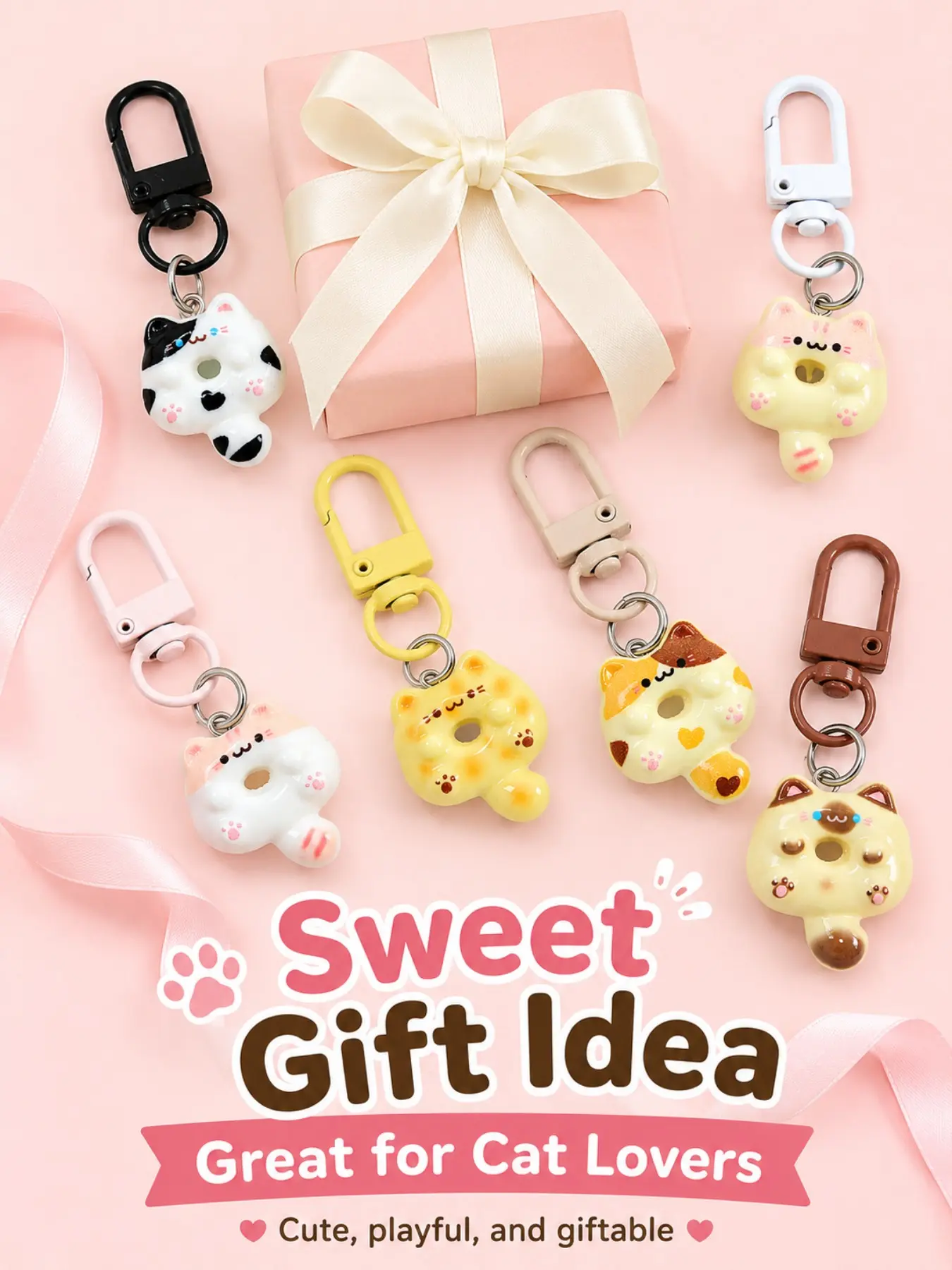 Cute cat donut keychain and bag charm featuring a metal swivel clasp; glossy resin animal keychain suitable for keys, backpacks, and handbags—an adorable gift for girls and cat lovers.