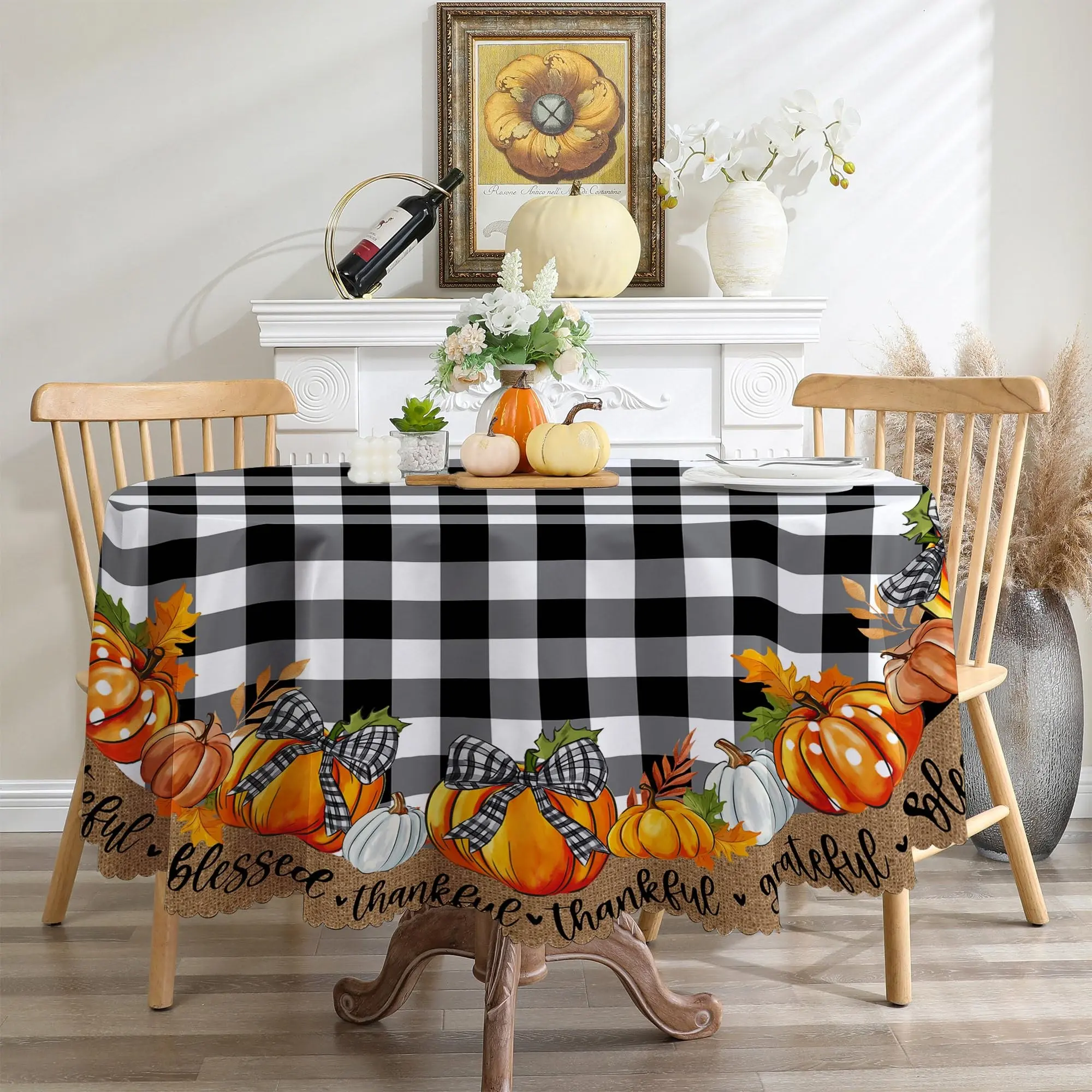 Thanksgiving Round Tablecloth, Autumn Home Decor, Plaid Pumpkin Harvest Tablecloth, Perfect for Parties, Dining, Home Decoration
