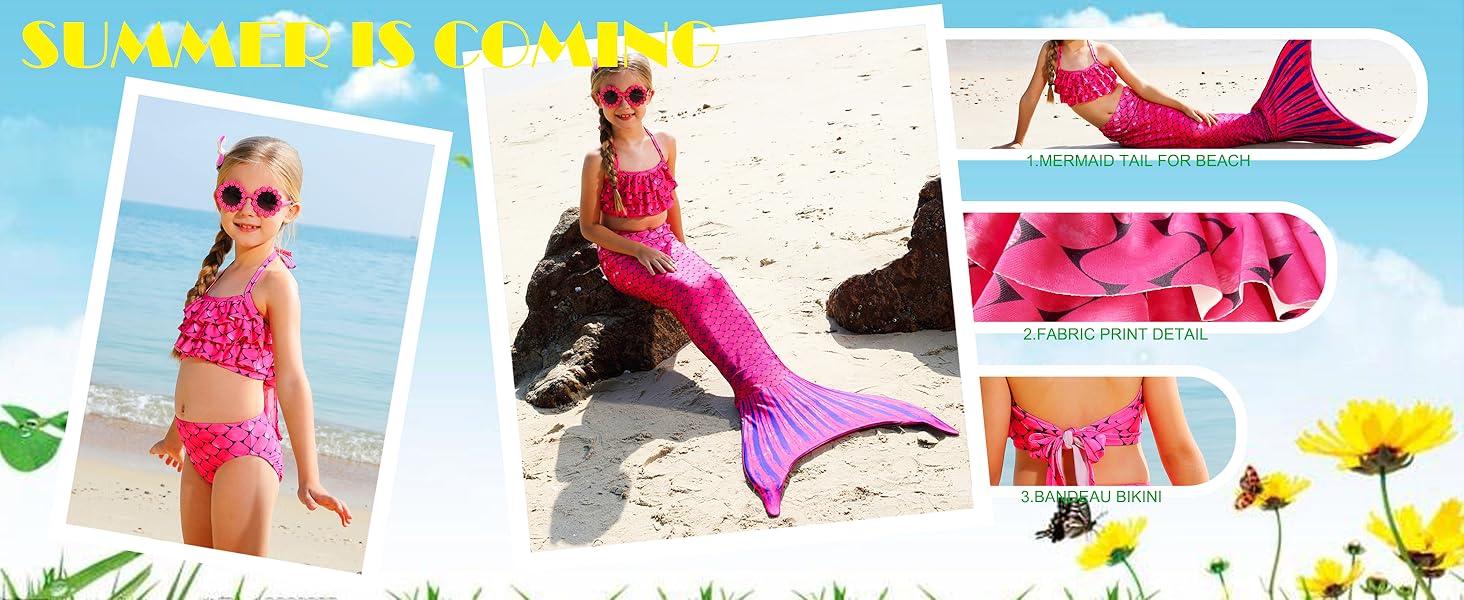 Girls 4‑Piece Teal Blue Gradient Mermaid Tail Swimsuit Set with Monofin, Striped Ruffled Bikini Bathing Suit for Kids Pool Beach Summer Swimming