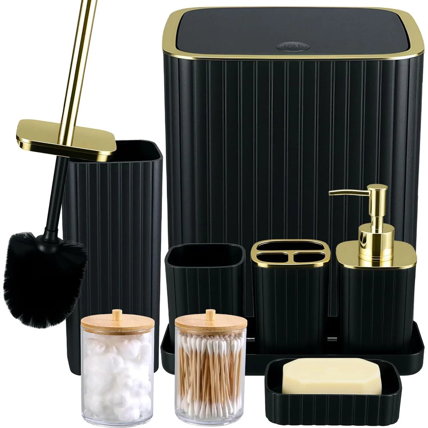 9PC Modern Bathroom Accessories Set - Home Bath Essentials Including Toilet Brush, Trash Can, Soap Dispenser, Q-Tip Holder (Black)