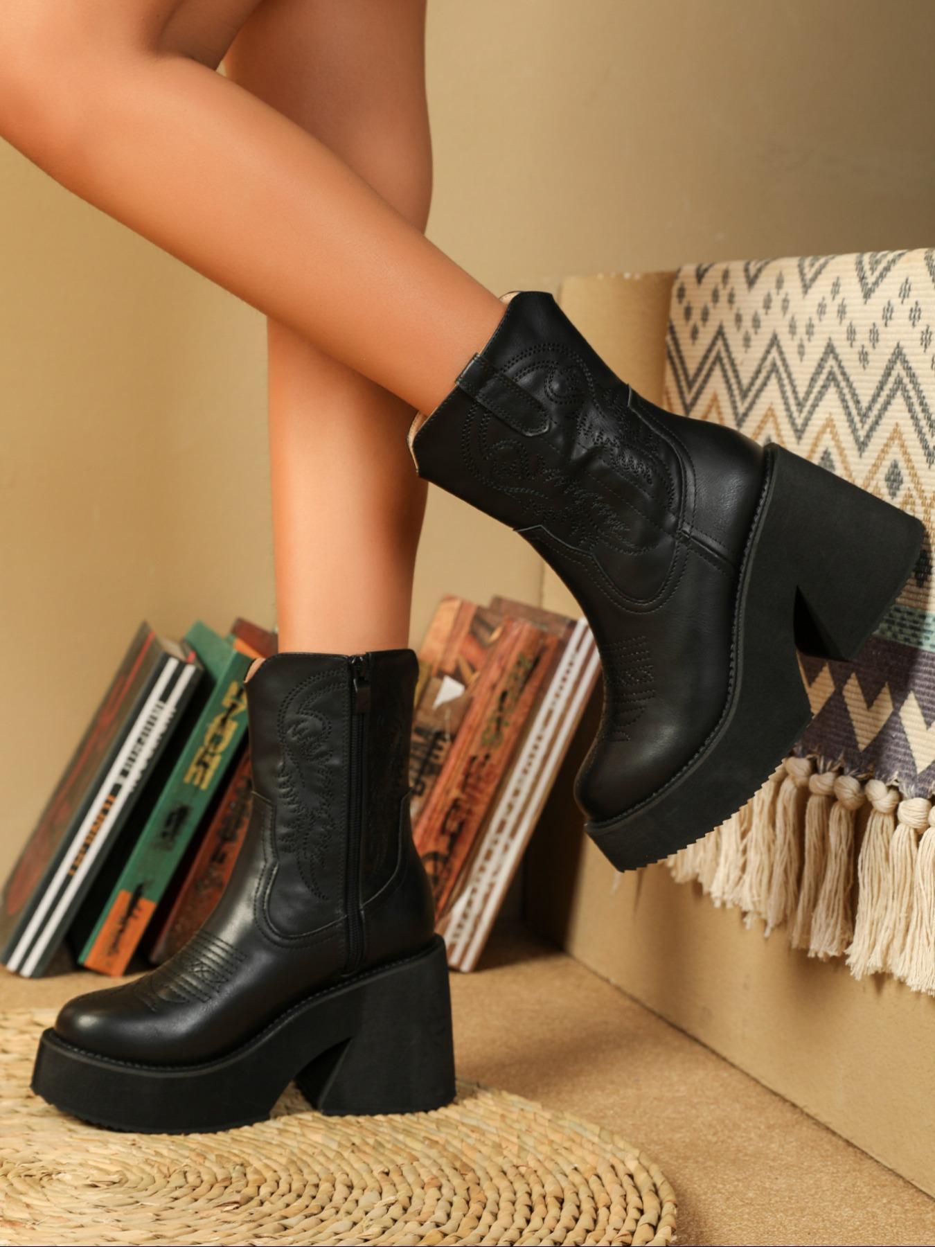 Women's Fashionable Western Embroidered Design PU Leather Boots, Elegant Round Toe Mid-calf Boots, Casual Comfortable Platform Shoes for Daily Wear