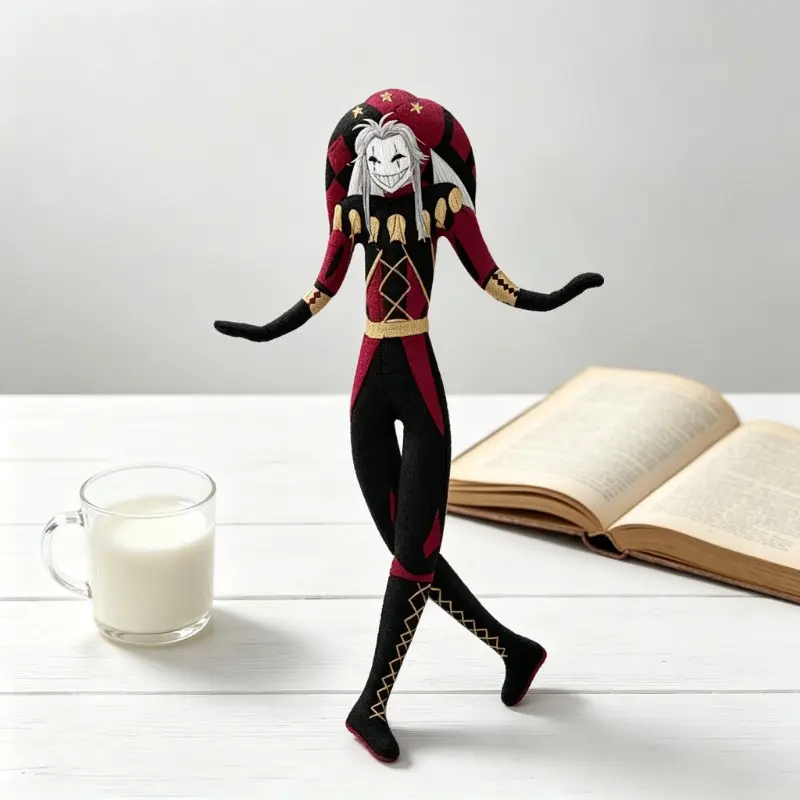 Poseable Jester Cloth Doll - Red Black Court Jester Outfit, Built-In Wire Frame, Double-Sided Print Stuffed Figure, Desktop Collectible Decor Toy, Jester Doll