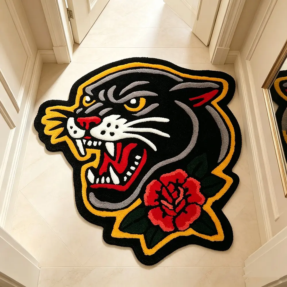 Vintage Tattoo Style Rose Panther Head Rug, Boho Chic Soft Washable Carpet, Elegant Home Decor for Living Room Bedroom, Boho Graphic Rug, Boho Rugs