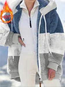 Women's Autumn Winter Warm Plush Hooded Collared Long Sleeve Jacket Coat, Loose Fit Zipper Pocket Design, Casual Fashion Outerwear for Ladies, Womenswear Garments