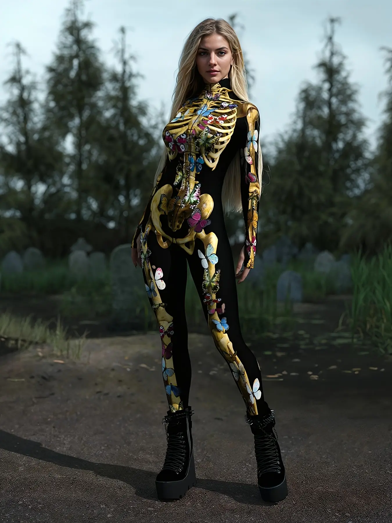 Halloween Party Costume, Women's Sexy Bodycon Bodysuit, Cosplay Stage, Magical Butterfly Skull Design, Festival Unique Clothing