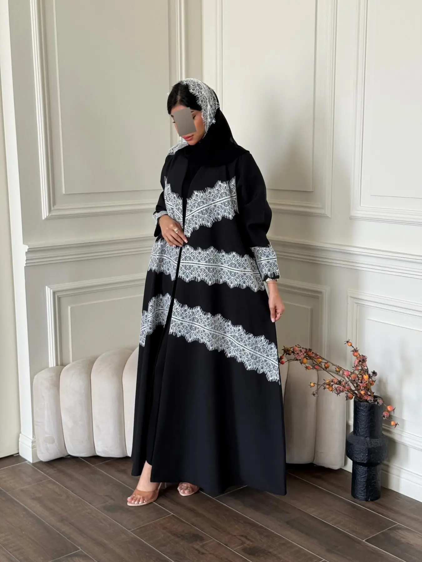 Hafizah Women's Wave Lace Patchwork Long Cardigan Scarf Set, Loose-Fitting Flowy Outerwear, All-Season Plain Surface, Unlined, Casual Cardigan, Summer Cardigan