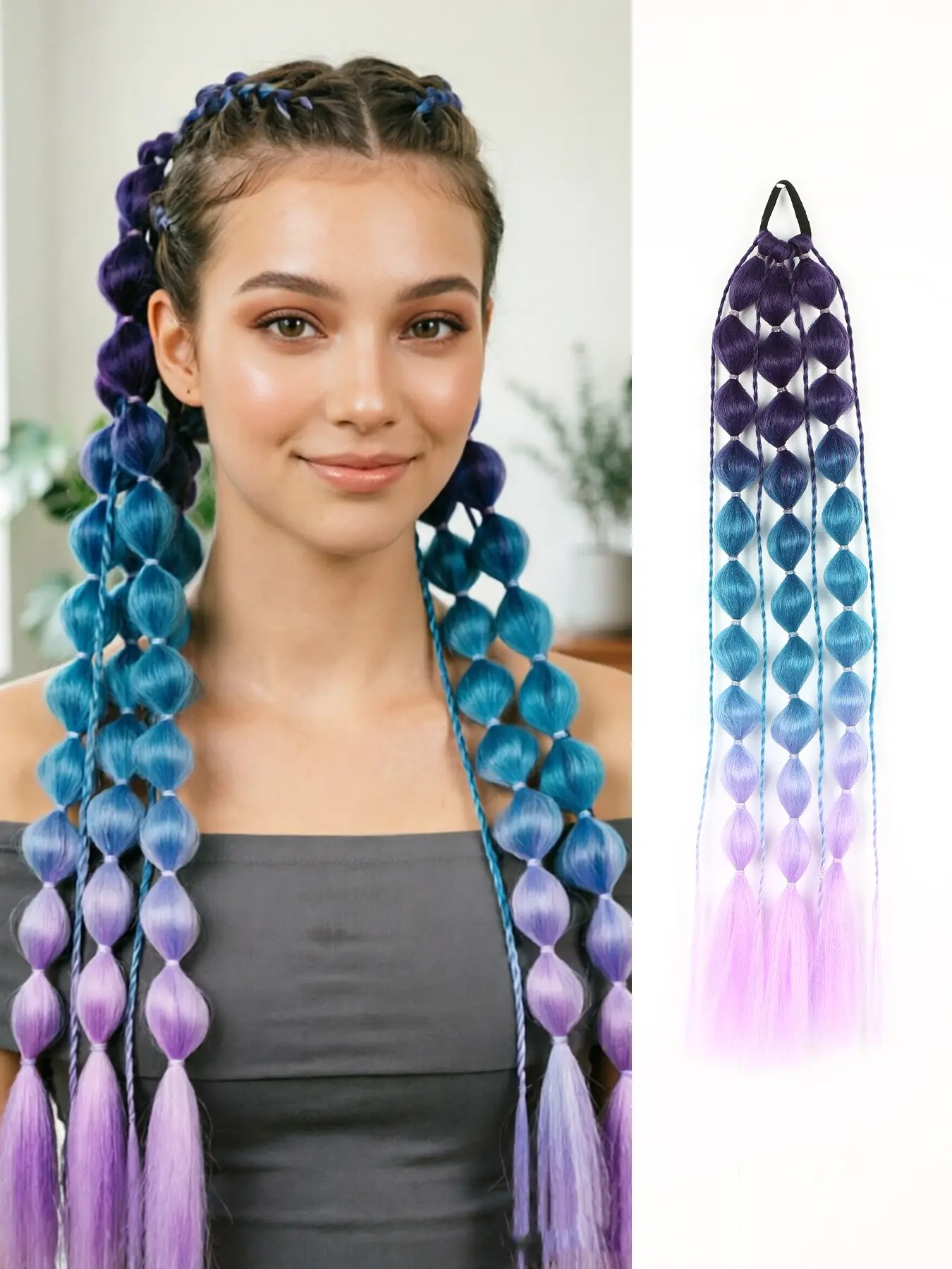 26-Inch Lightweight Colorful Bubble Ponytail Extension (with Hair Tie, 1-Pack) – Synthetic Bubble Braid Ponytail; a unique hair accessory for women, perfect for "Crazy Hair Day," parties, and festivals; ideal for creating quick music festival hairstyles.