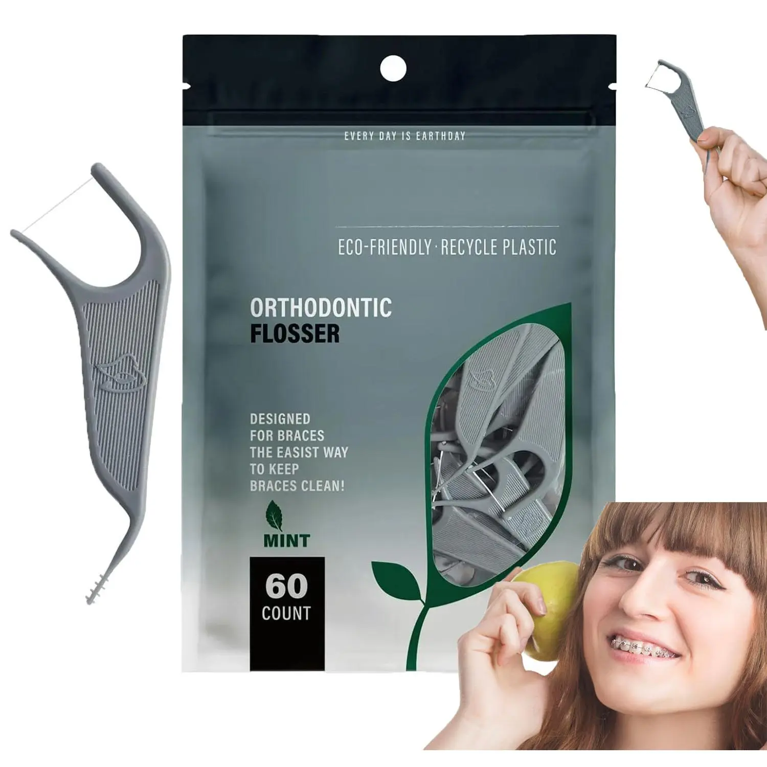 60 Count Mint Flavor Orthodontic Floss Picks, Gray Disposable Ortho Dental Flossers, Portable Professional Braces Oral Cleaning Floss Tools for Daily Oral Care