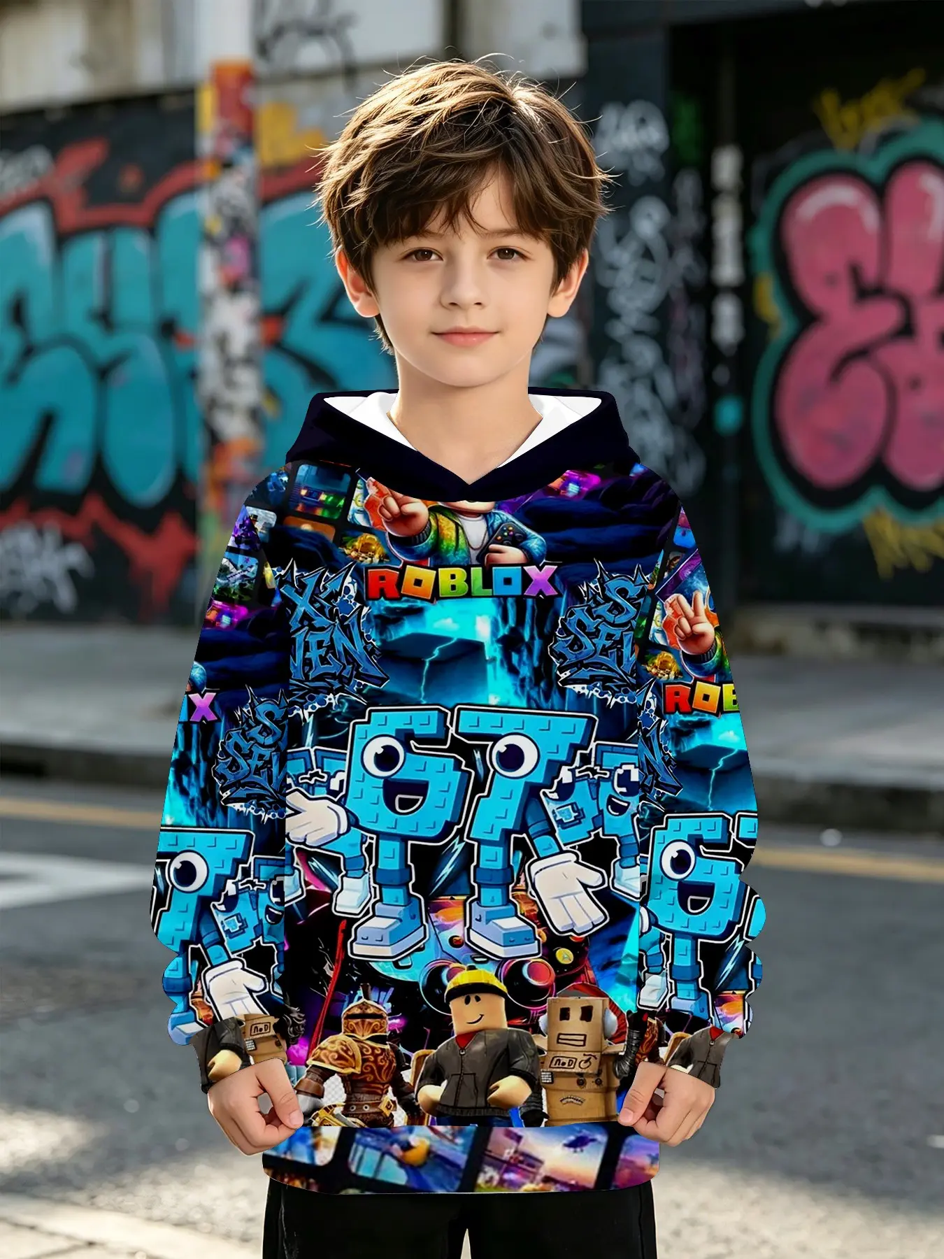 Game Hoodie Roblox Blue Pixel Character, Cool 3D Digital Print, Long Sleeve, Casual Fall & Winter Top for Boys