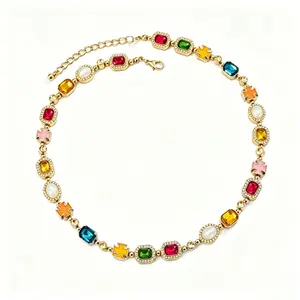 Loveden  Colorful Gemstone Tennis Bracelet & Necklace Set, 14K Gold Plated Multicolor CZ Cross Charm Jewelry Set, Adjustable Boho Statement Jewelry for Women, Trendy Party Jewelry Gift