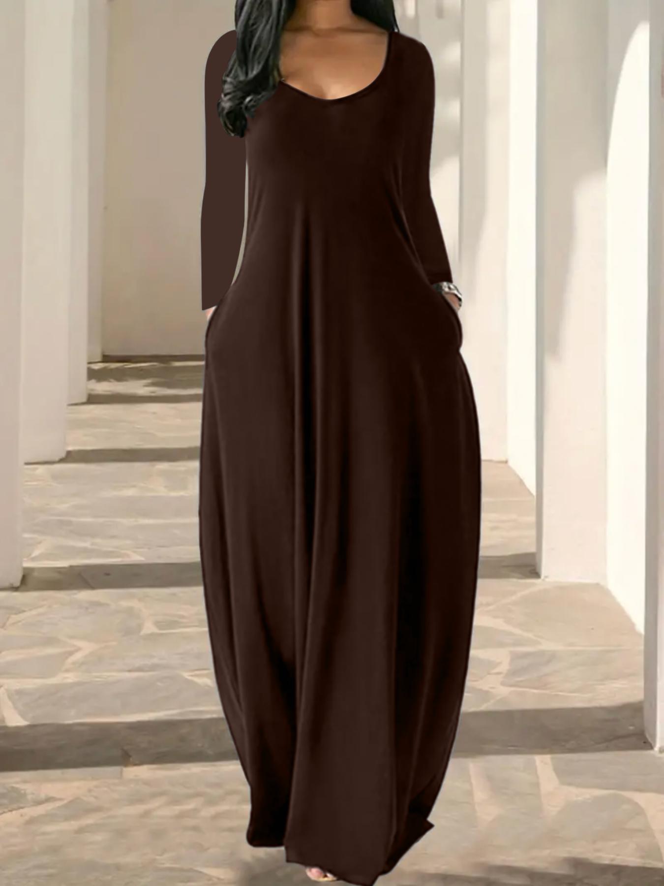 Women's Long Nightgown, Leopard Print in Coffee, Casual Basic Round Neck Long Sleeve Pocket Sleepwear, Soft Comfortable All-Season Loungewear