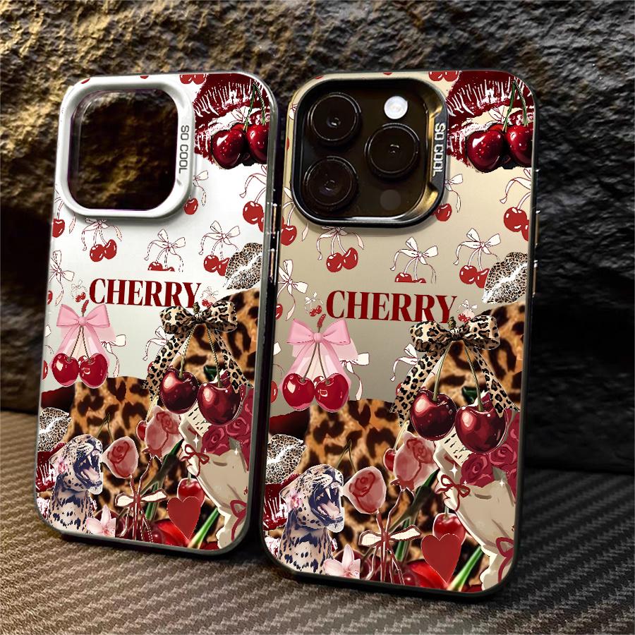 Cherry leopard print bow heart phone case, shockproof hard shell, featuring a vintage girl style design, ideal for gifting, suitable for iPhone 17/16/15/14/13/12/11/X/XS/XSMAX/XR/7P/8P/16E/17E