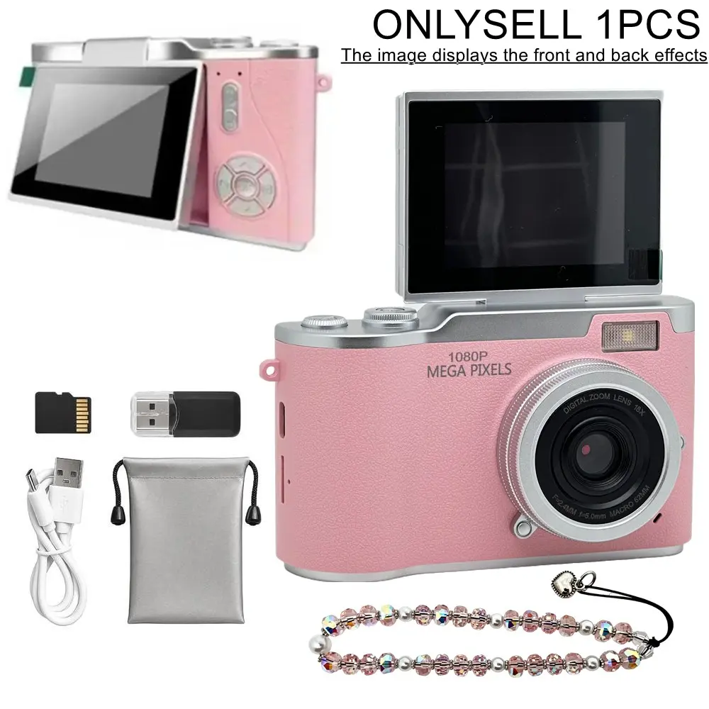 New 1080P HD foldable screen student camera, retro-style CCD cassette camera, entry-level digital camera with games and multiple filter functions, includes a camera storage bag, crystal bracelet, and memory card, suitable for students and beginners.