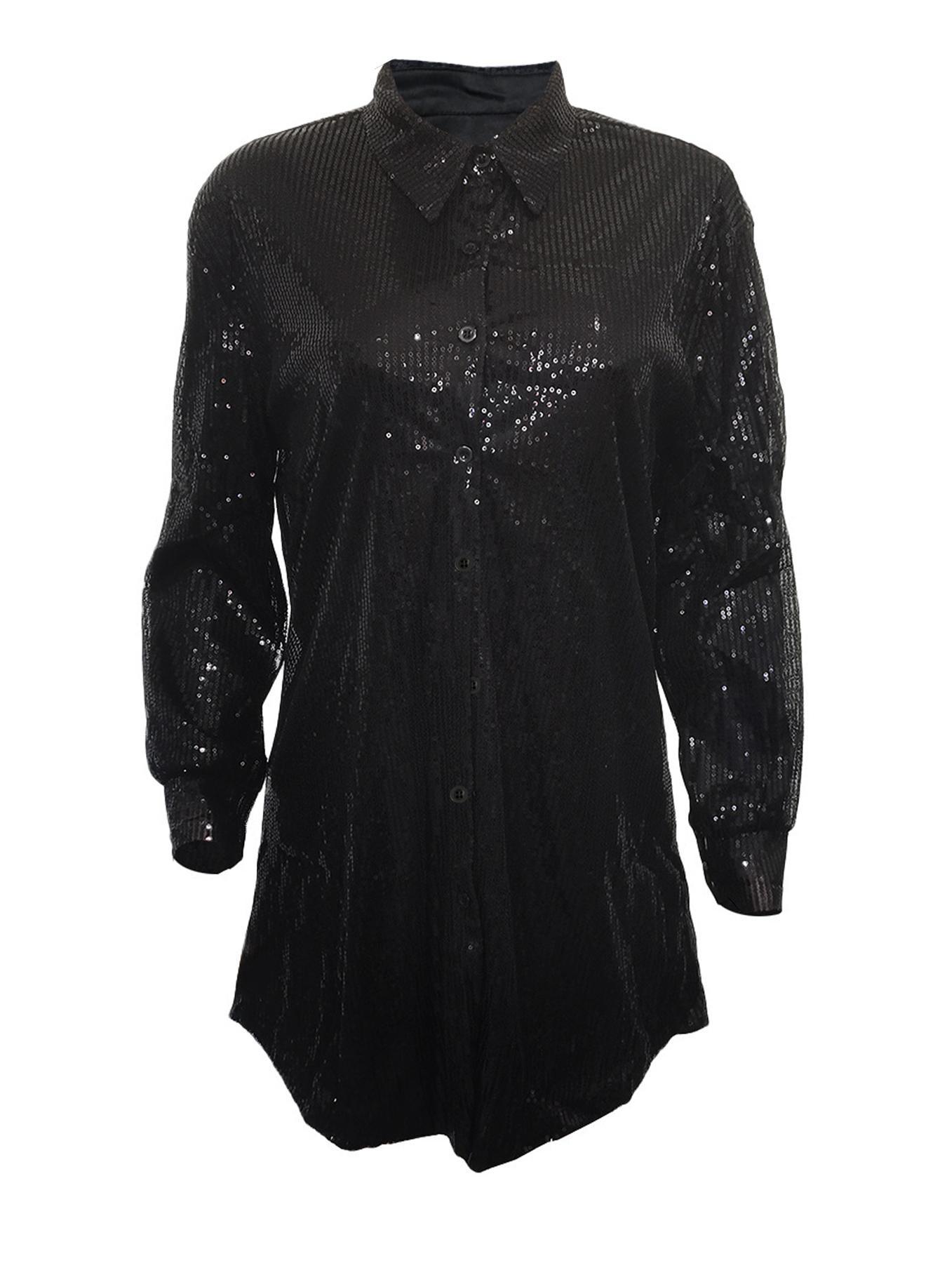 Plus Size Glitter Sequin Drop Shoulder Shirt Dress, Elegant Long Sleeve Button Front Dress for Spring & Fall, Women's Clothes for Party Holiday Vacation