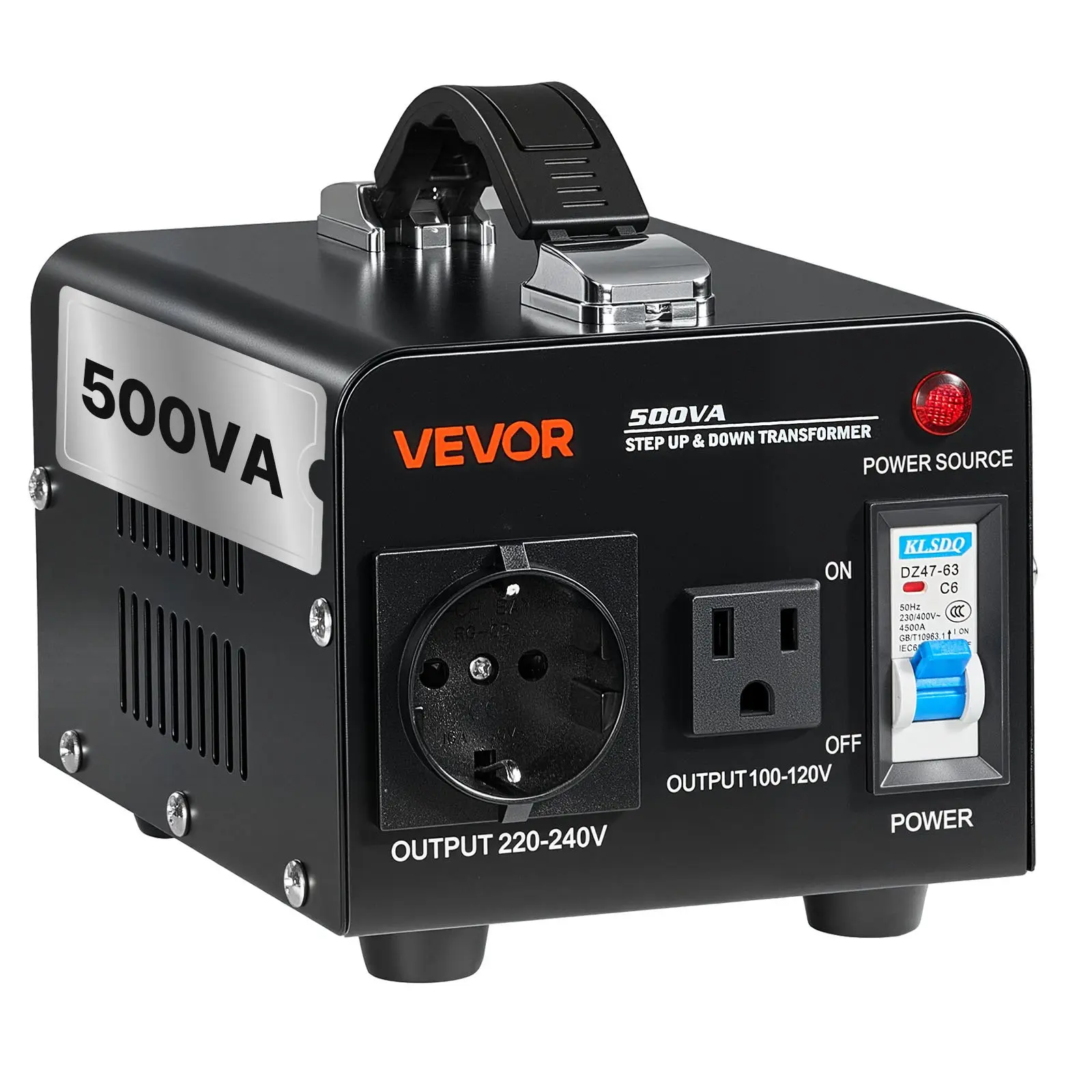 VEVOR Voltage Converter Transformer, 500VA, Heavy Duty Step Up/Down Power Transformer, Convert from 110V to 220V and 220V to 110V, with US Outlet, EU Outlet, Power Cord, Circuit Breaker Protection, Sturdy Feet