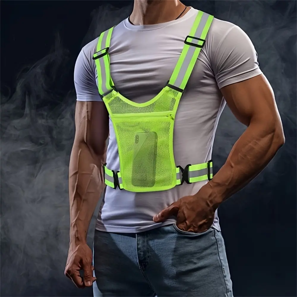 Adjustable Reflective Safety Vest with Pocket, Breathable Mesh, High Visibility, Fluorescent, for Running, Cycling, Motorcycle, Construction