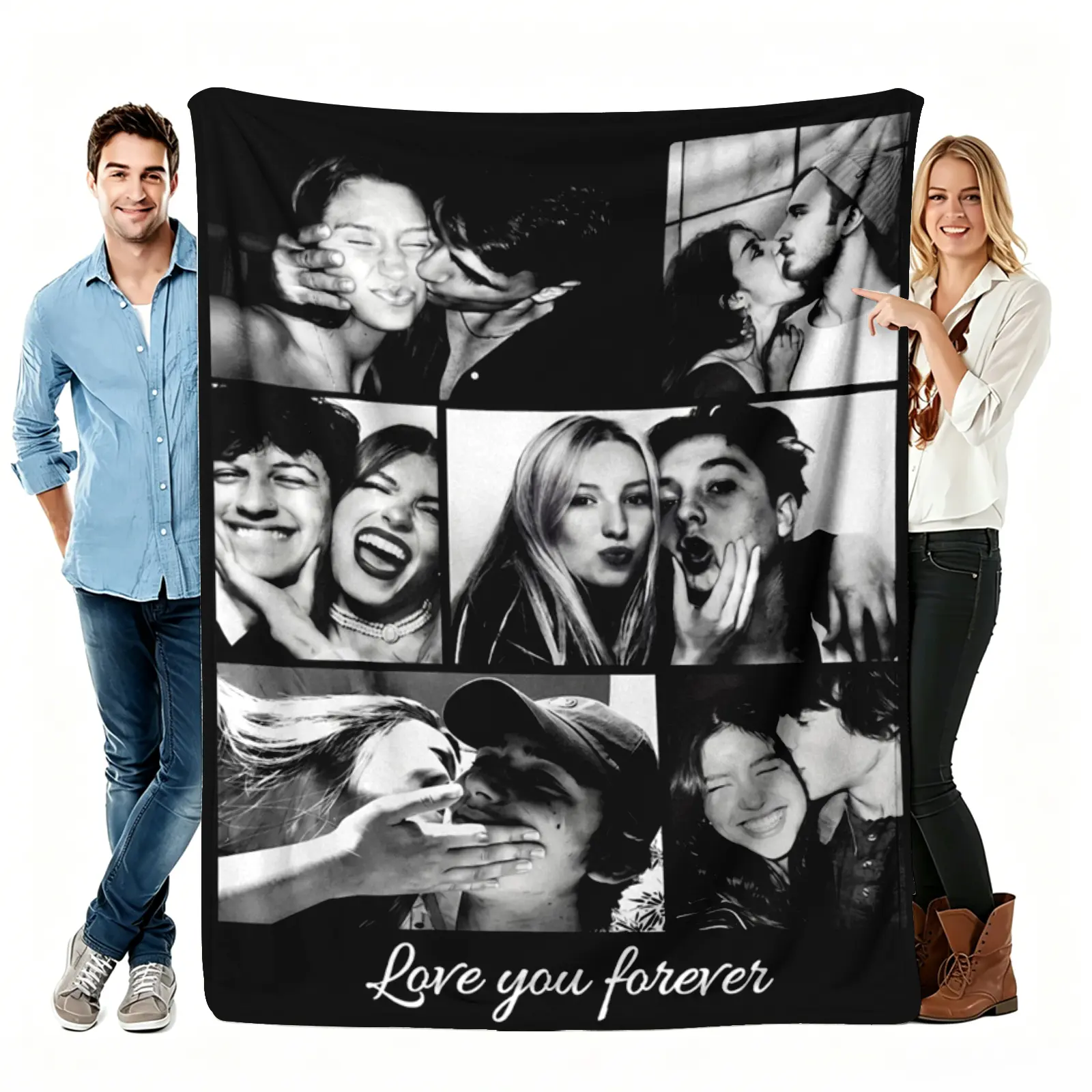 Custom 6 Photo Collage Blanket Black and White, Personalized Couple Flannel Throw Blanket with Love You Forever Text, Romantic Anniversary Gift for Him Her, Soft Cozy Memory Blanket for Couch Bed Bedroom Decor