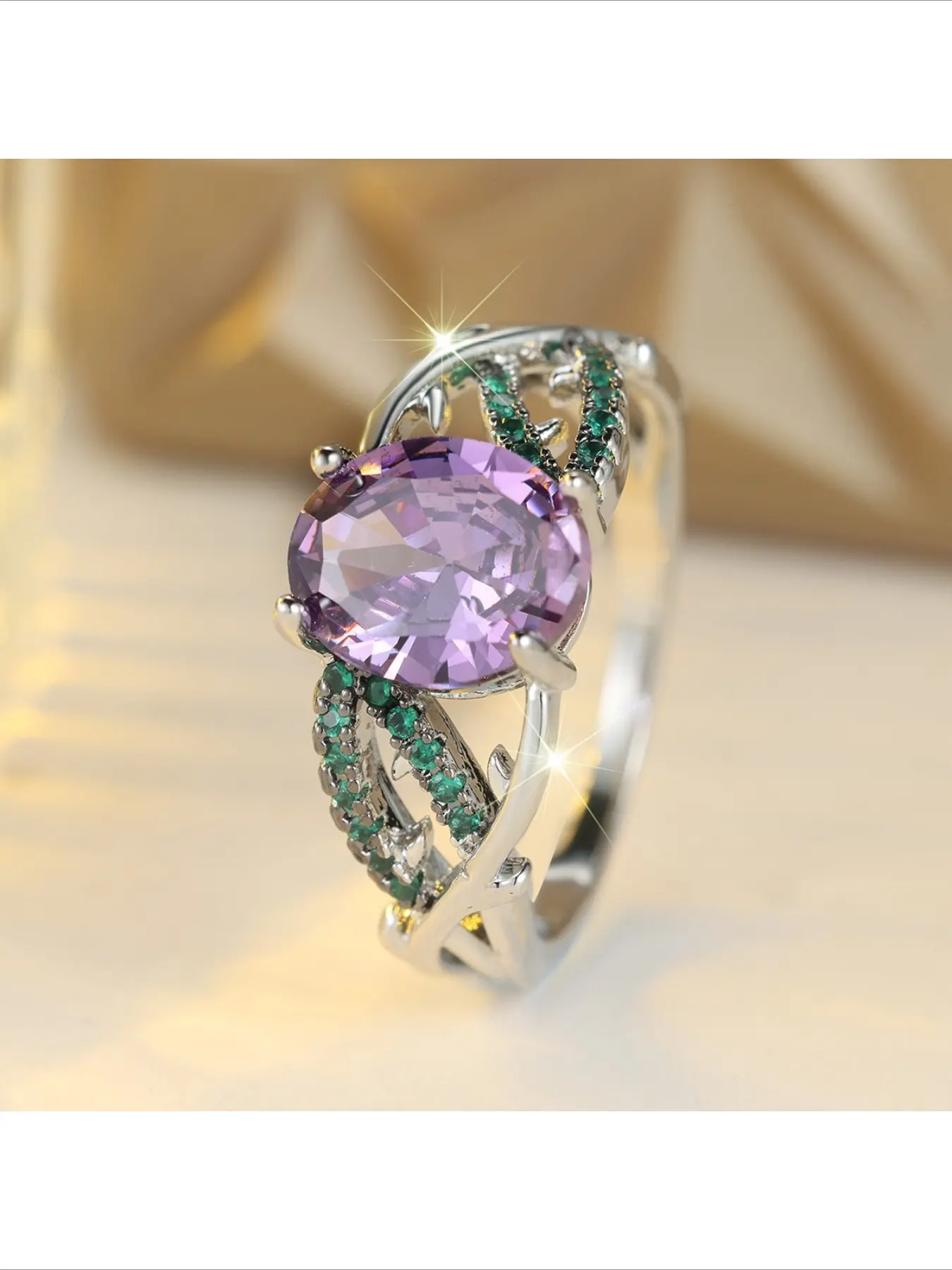 Hot Selling Oval Purple Zircon Crossover Wrapped Ring Inlaid with Emerald Zircon Vintage Colored Gems Fashion Exquisite Versatile Synthetic Gemstone Ring for Daily Wear Party and Matching Outfits