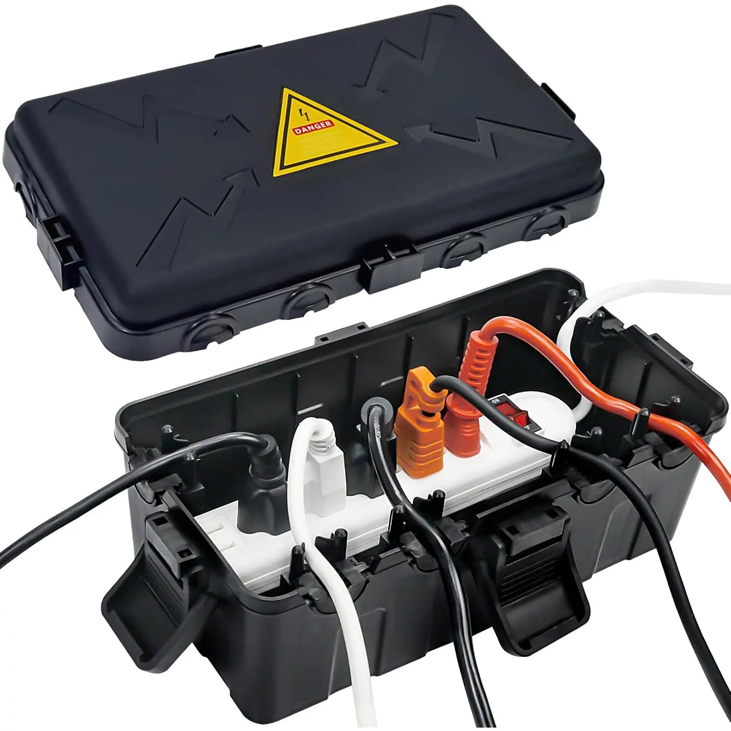 Black Medium Outdoor Weatherproof Electrical Box (10.6x5.5x4.5in) - IP54 Waterproof Connection Box with 6 Cable Entries, Protects Power Strip, Timer, Plug for Hot Tub, Patio, Security Cameras