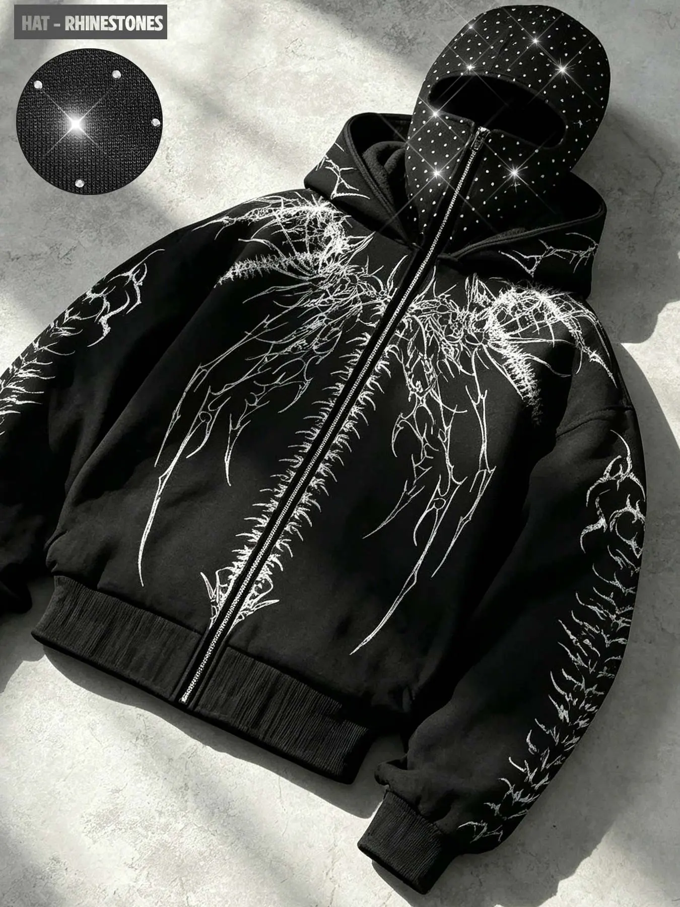 Thorn wings, spine lines, all-over hot-fix rhinestone face mask, Long sleeve, hooded oversized cardigan, fleece-lined warm zip-up jacket, unisex black loose hooded casual street style, streetwear