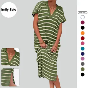 Imily Bela Womens Striped Summer Dresses Short Sleeve V Neck Knit Collared Sexy Slit Loose Maxi Sweater Dress