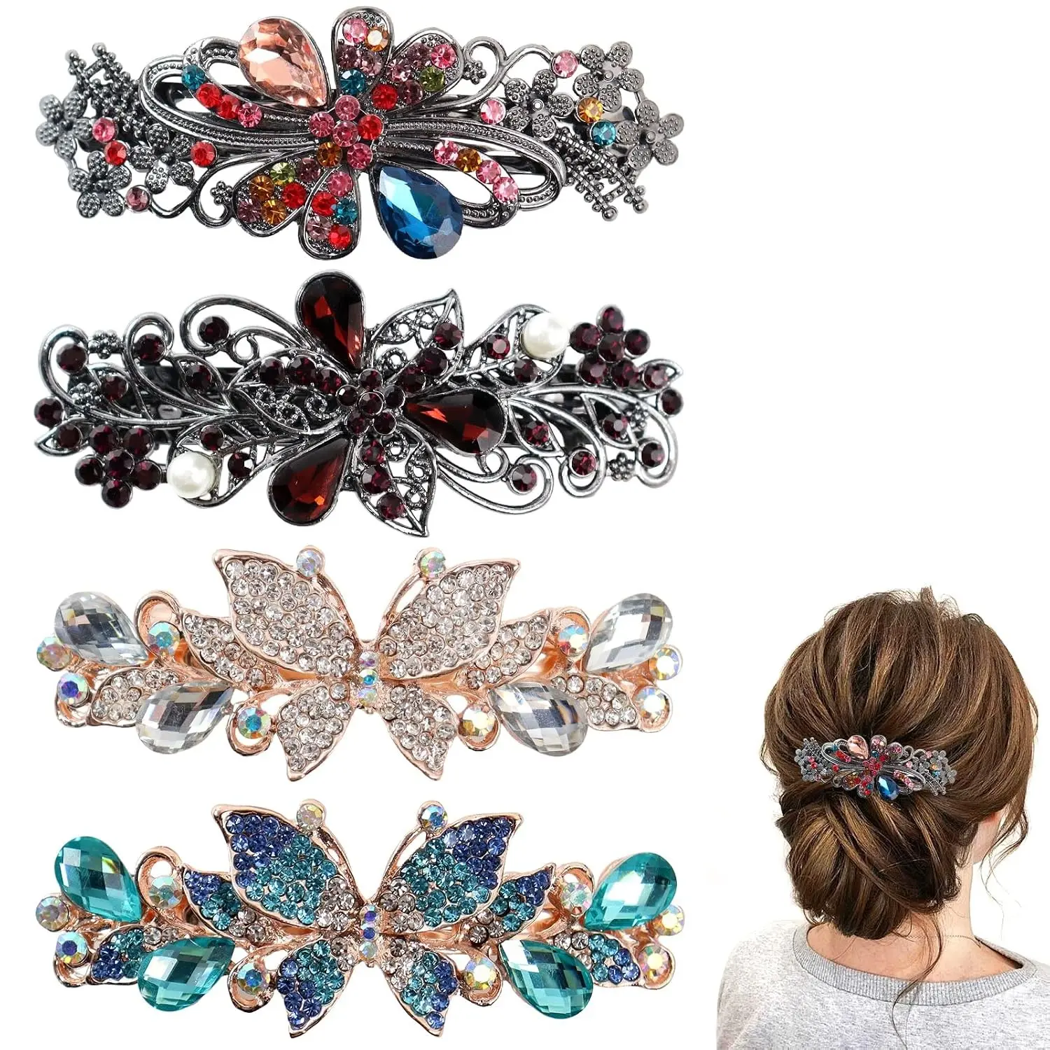 4Pcs Sparkling Rhinestone Hair Barrettes, Flower Pearl Crystal Butterfly Clip, Alloy Press Button Spring Barrette for Women Ponytail Braid Accessories