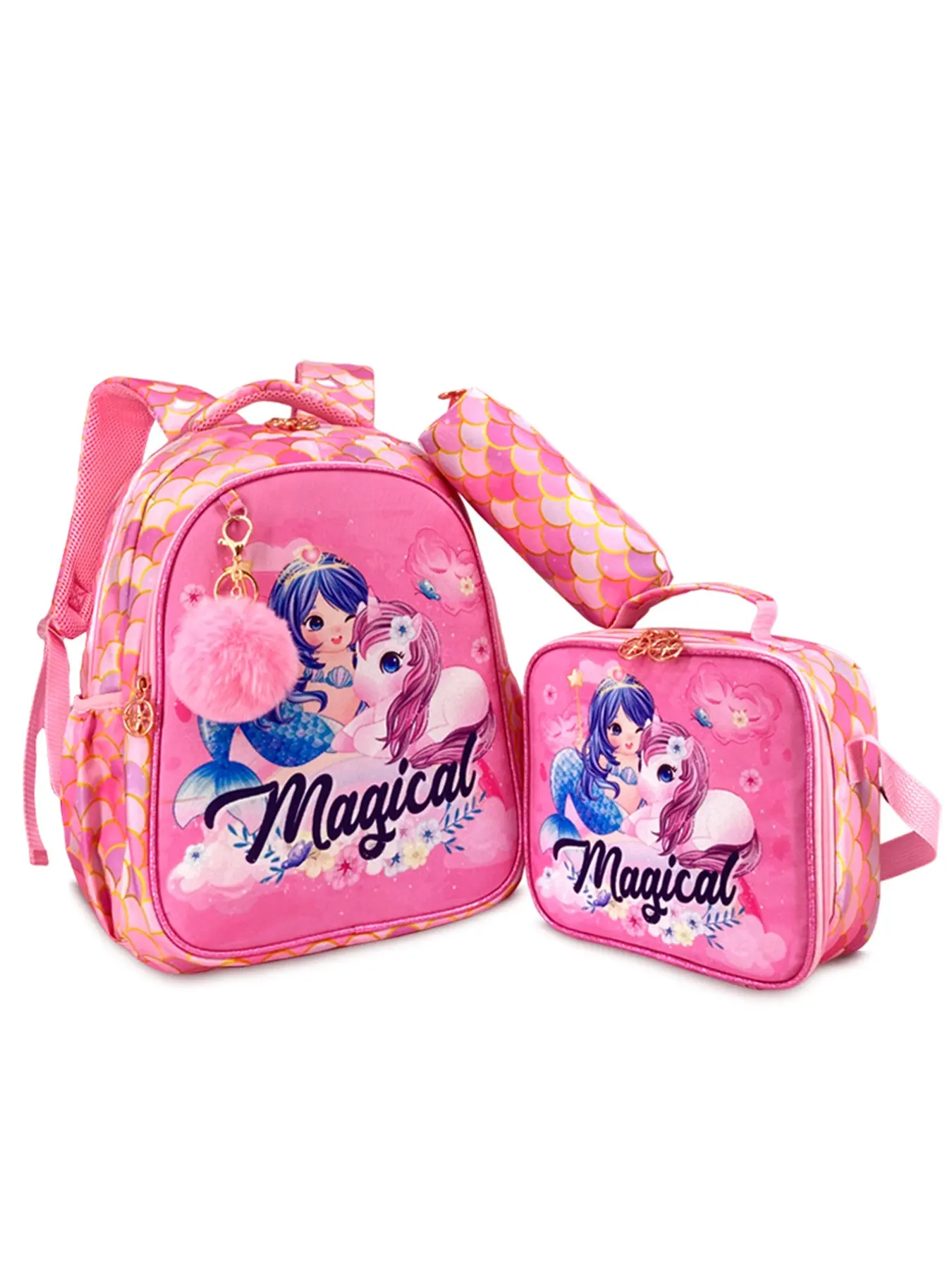 2026 New Back-To-School Mermaid Unicorn Student Bag Set, Lightweight Multi-Compartment Backpack, Includes Lunch Box and Pencil Case, Fashionable and Trendy