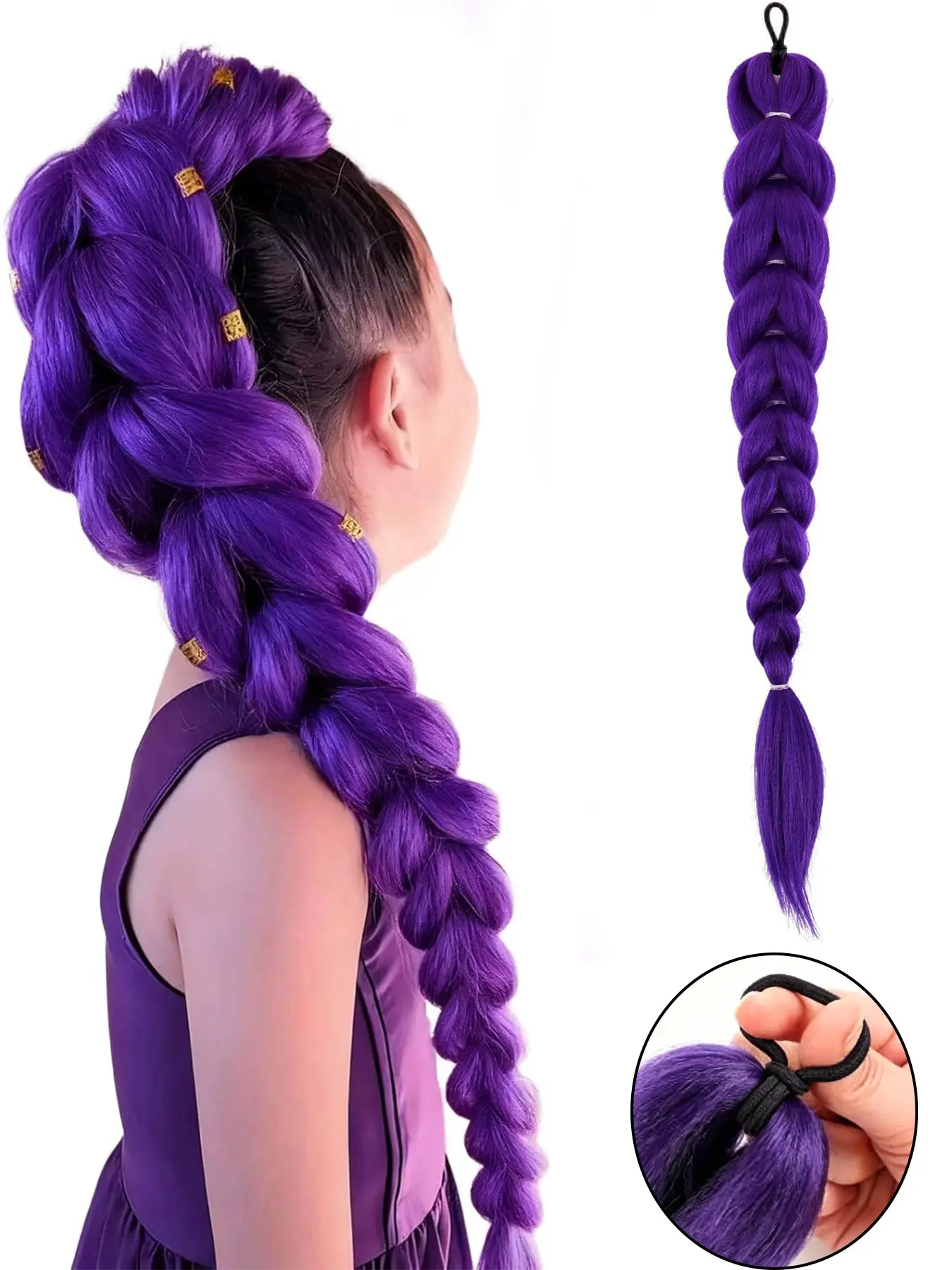 26 Inch Synthetic Purple Braided Ponytail Extension with Elastic Tie - Wrap-Around Straight Braid Pony Tail Suitable for Hair Types & Volume for Ponytails Extensions Synthetic Fiber Extensions Synthetic Hair Pieces Synthetic Ponytail Hairpieces