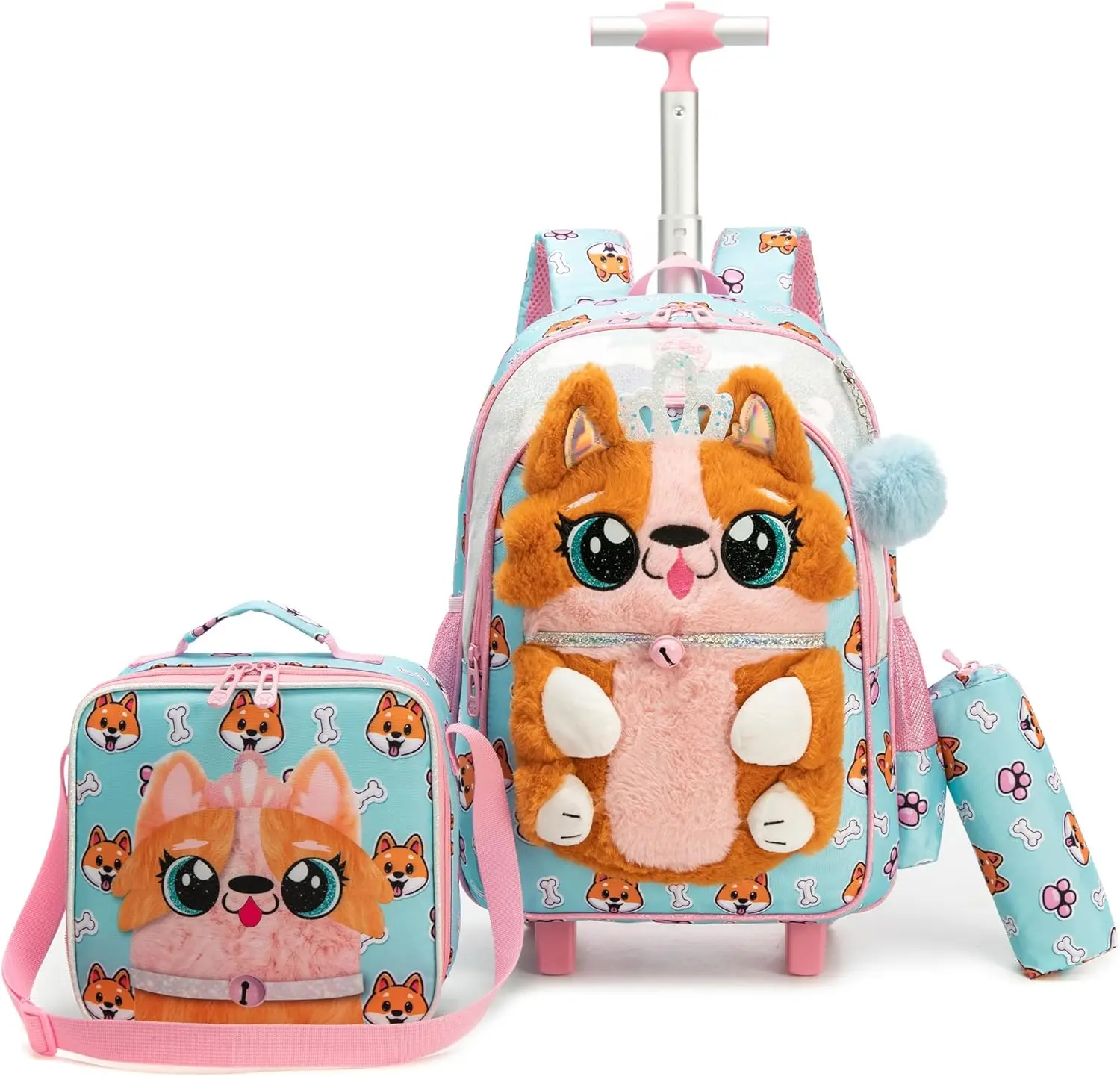 Girls' Sweet 3-Piece Multi-Function Polyester Rolling Backpack Set - Back to School Sturdy Trolley Bookbag with 3D Plush Corgi Puppy, Female Lunch Box, Pencil Case, Prop 65 Safe