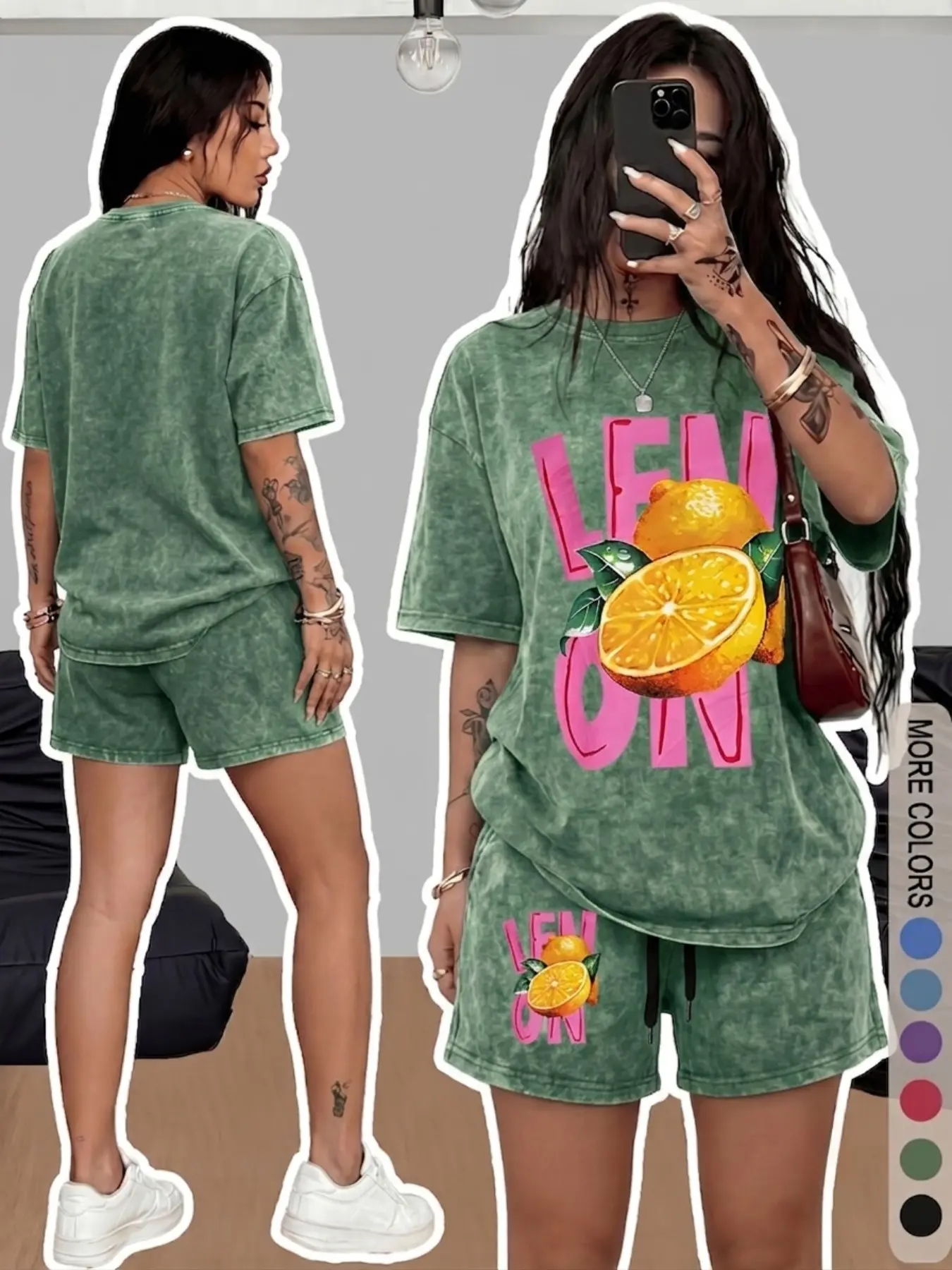Women's Retro "LEMON" Graphic Washed-Look Short-Sleeve & Drawstring Shorts 2-Piece Set – Casual Summer Loungewear Clothes (Available in 6 Colors)