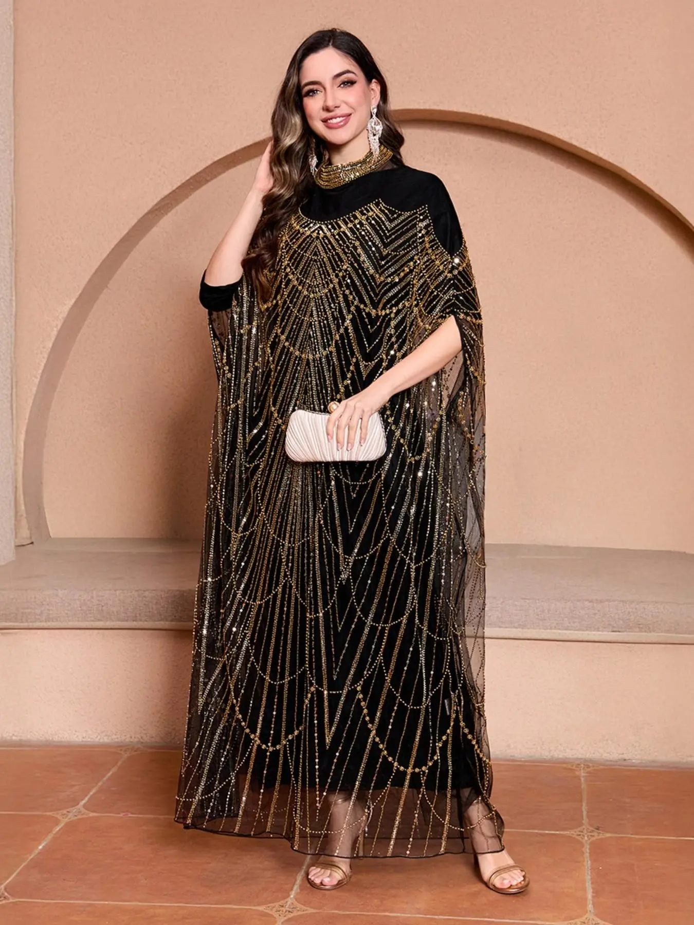 JINLICX Women's Black Sheer Mesh Cape Abaya Kaftan Gown Robe, Hand Stitched Golden Chain Beaded Embroidery, High Neck Batwing Cape Sleeve Long Maxi Dress, Embellished Glam Gown for Wedding, Evening Party, Formal Luxury Occasions CXD27