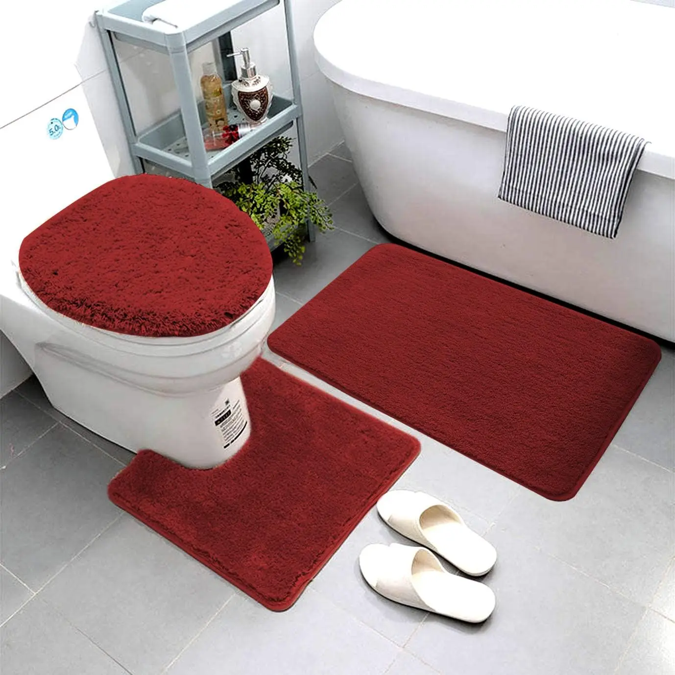 Linen 3 count Super Soft and  Microfiber Absorbent Solid Bathroom Rug Set with Rubber Backing Includes Non-Slip Bath Rug, Contour Mat, and Toilet Lid Cover (Burgundy)
