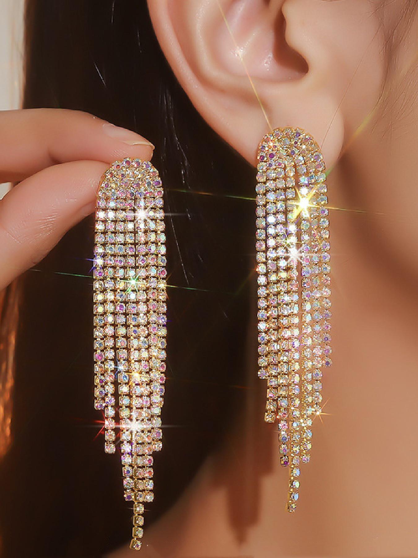Rhinestone Decorated Earrings, Statement Earrings, Fashionable Long Tassel Earrings for Party, Daily Clothing Decor, Trendy All-match & Exquisite Jewelry for Birthday Gift