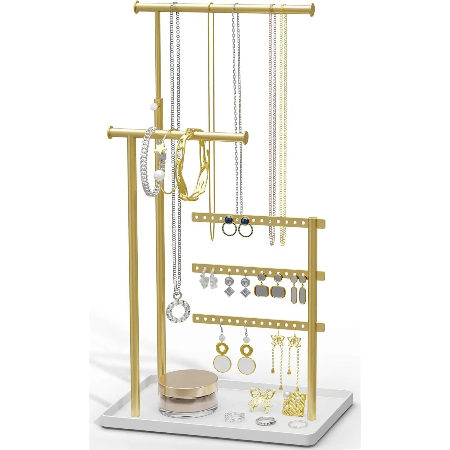 Metal Jewelry Holder Organizer Stand - Adjustable Tall 17.5" Max, Sturdy Support Modern Necklace Holder for Earrings, Bracelets, Rings, Jewelry Display and Storage, White