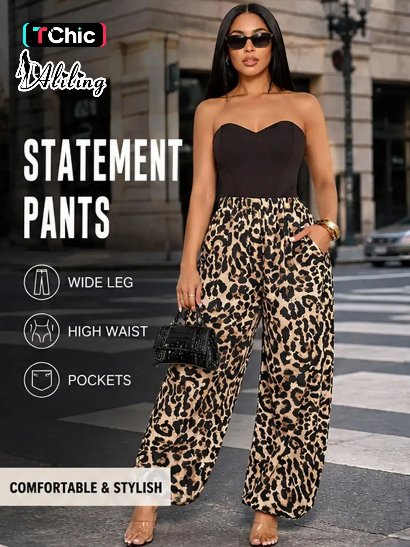 Aliling Women's Leopard Print Wide Leg Baggy Harem Pants – High Waist Casual Elastic Waisted Streetwear Trousers with Pockets Bloomers