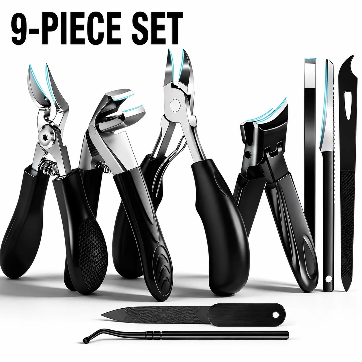 9PCS Stainless Steel Toenail Clipper Set for Thick & Ingrown Nails, Heavy Duty Wide Jaw Nail Clippers, Professional Manicure Pedicure Kit with Cuticle Trimmer & Nail File