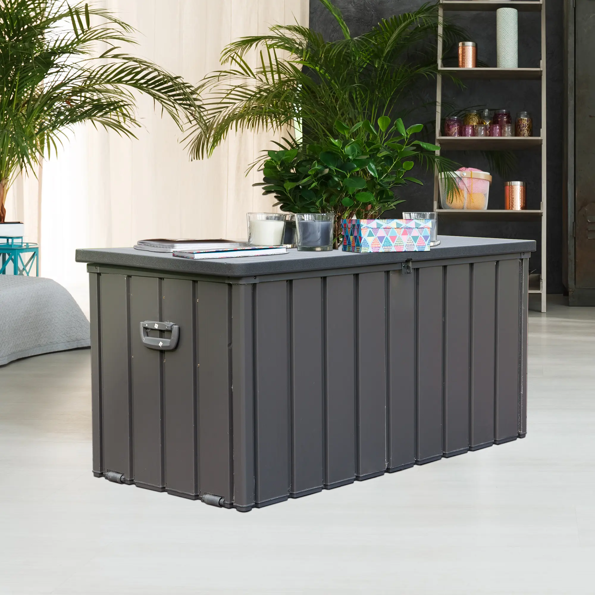 Nokaa 100 Gallon Outdoor Storage Deck Box, Waterproof Large Patio Storage Bin for Cushions, Throw Pillows, Garden Tools, Lockable, Dark Gray