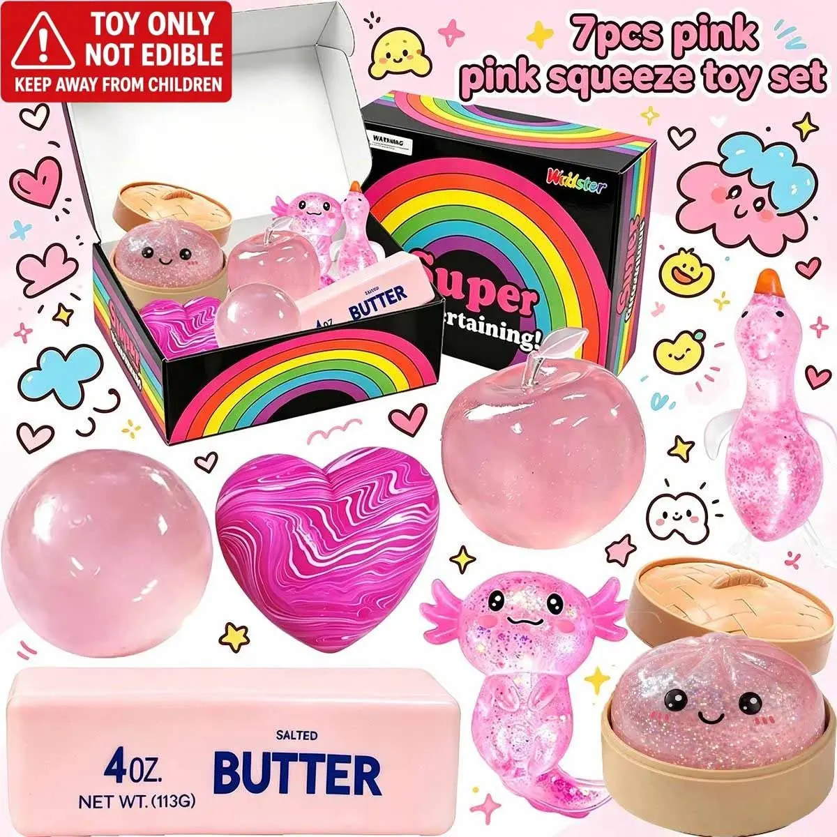 7 Pack Pink Series Glitter Squeeze Stress Relief Toys, Stress Relief Fidgets, Soft Portable Sensory Fidget Balls, Apple Round Ball Swirl Heart Butter Stick Bun Salamander Duck Squishy Toys, Ideal Birthday & Party Gifts for Kids Adults Anxiety Relief