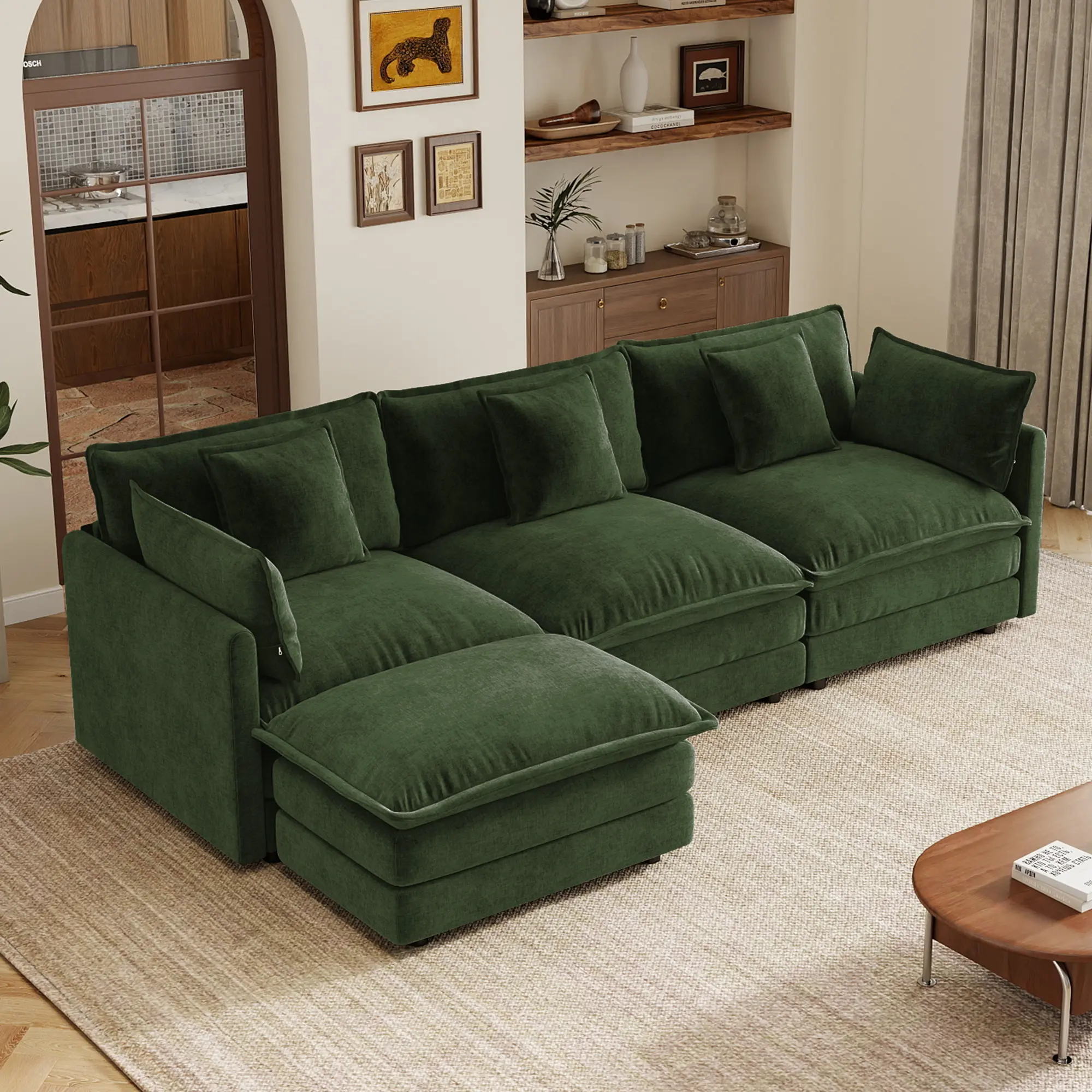 ARCH Padded Solid Oversize 3-Seater L-Shaped Modular Sectional Sofa with Ottoman, Green Chenille Upholstered Couch with Pillows, Easy Assembly for Living Room, Home Theater Seating, Three-Seater