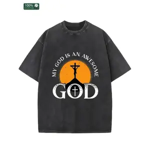 My God Is An Awesome God Cross Sunset Vintage Washed Cotton T-Shirt, Christian Faith Distressed Crew Neck Unisex Oversized Casual Worship Short Sleeve Tee