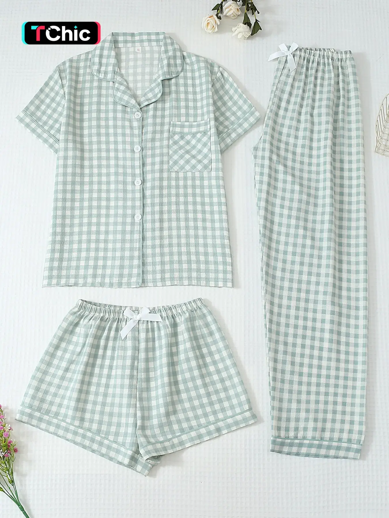 Three-Piece Women's Plaid Print Short Sleeve Button Front Top with Pockets and Bow Shorts, Casual Home Wear Pajamas Loungewear Set for All Seasons Homewear