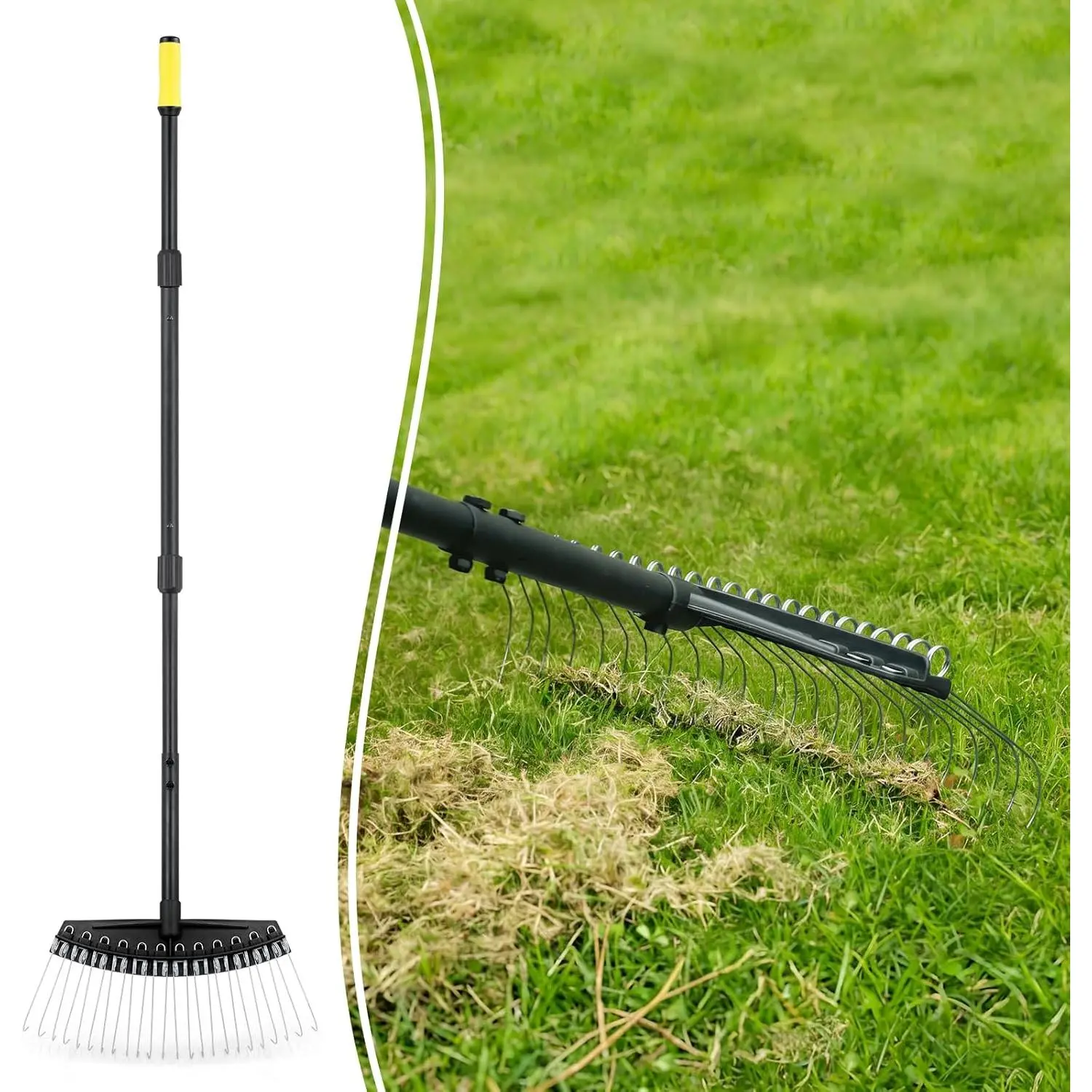 Thatch Rake, Dethatcher Rake with Thin, Curved Spring Steel Tines, Dethatching Thatching Rake for Lawns with 61'' Steel Handle, Lawn Tine Rakes for Pine ,  Grass, Garden Debris